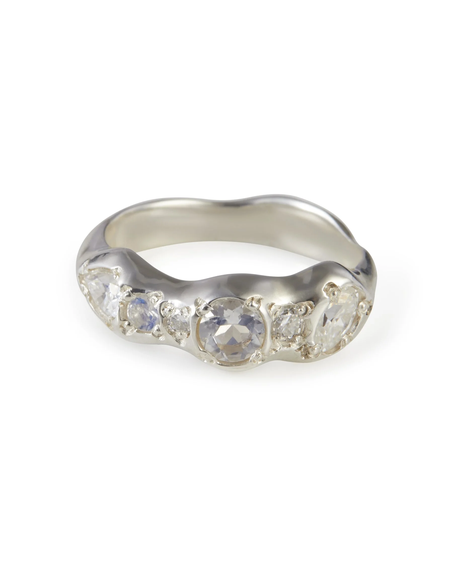 Moonlight Pointer Band in sterling silver with moonstone and lab grown moissanite gemstones.