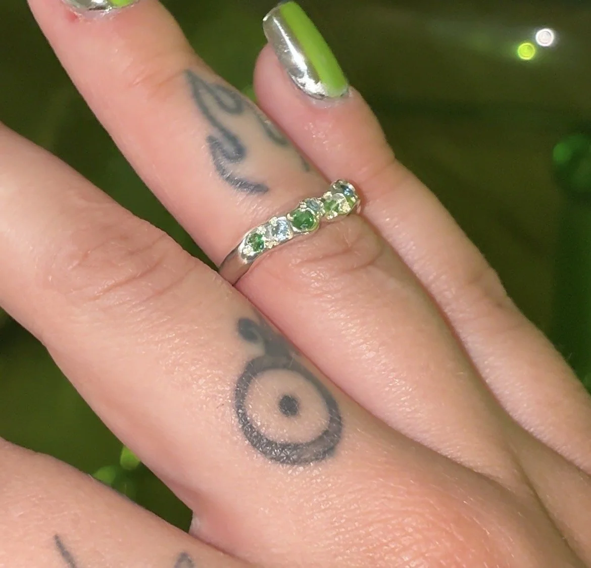 Earth silver ring - a molten silver band with blue and green gemstones