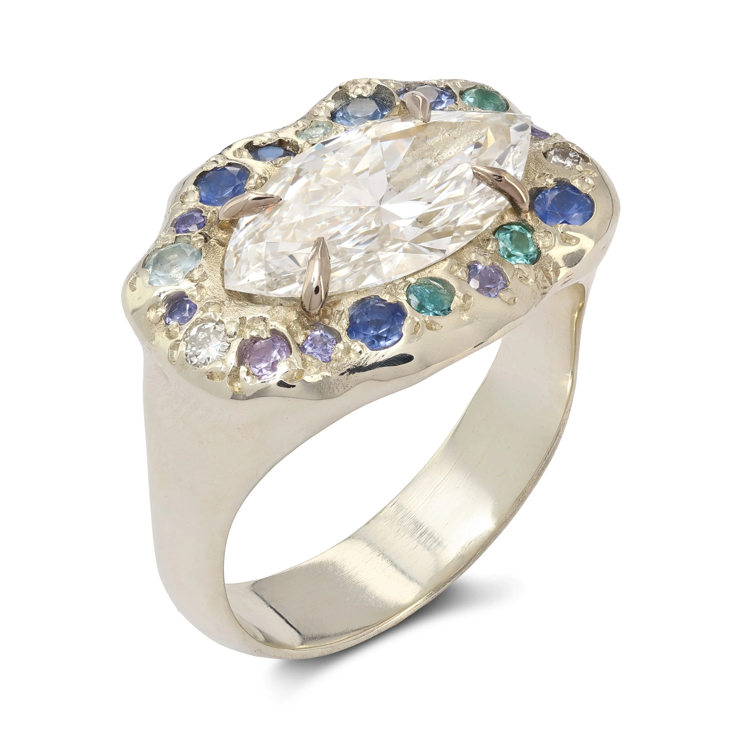 Mercury Staement Ring - A large white gold ring with purple and blue gemstones and a central marquise lab grown diamond