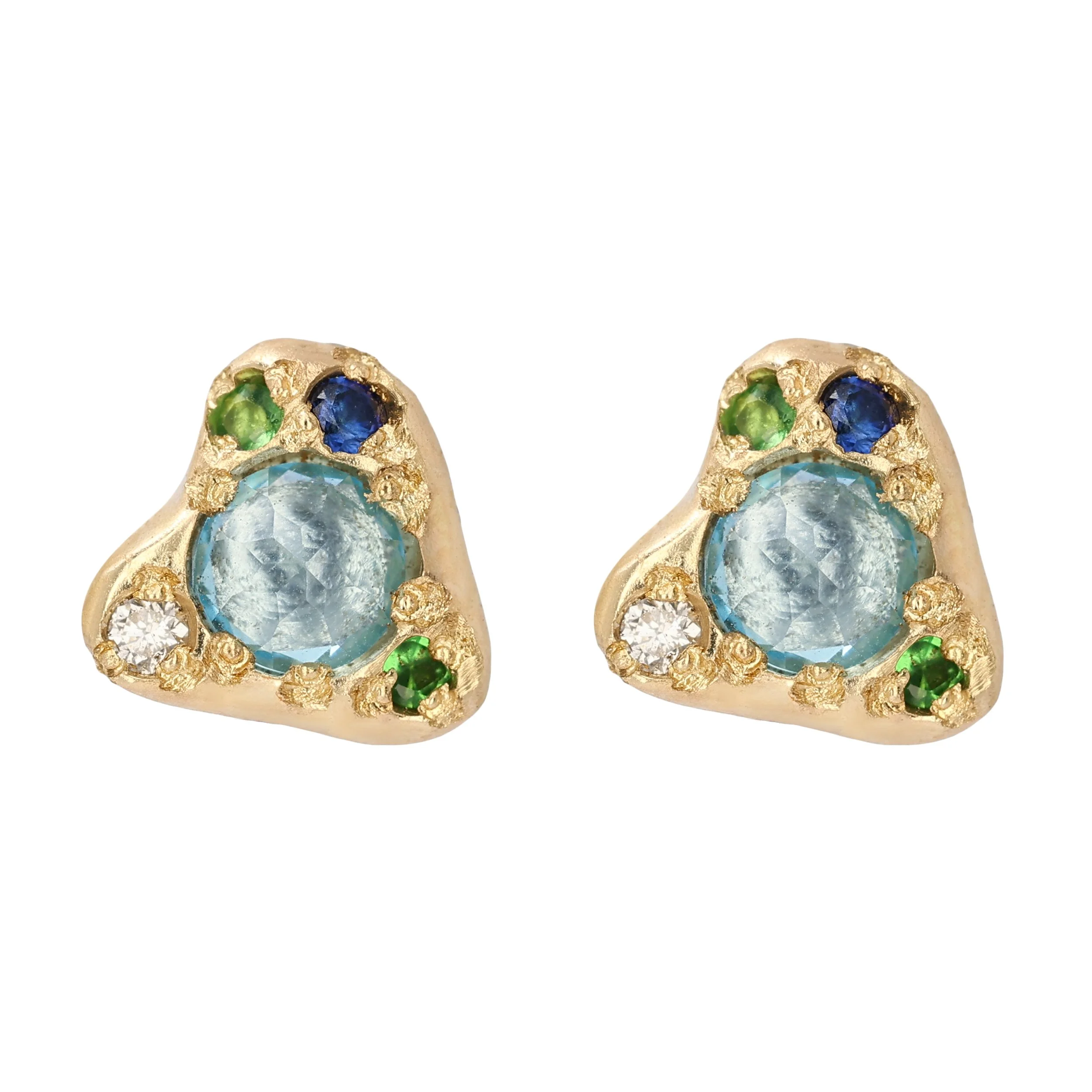 Earth studs round - gold studs with topaz, tsavorite garnet, sapphire and diamonds