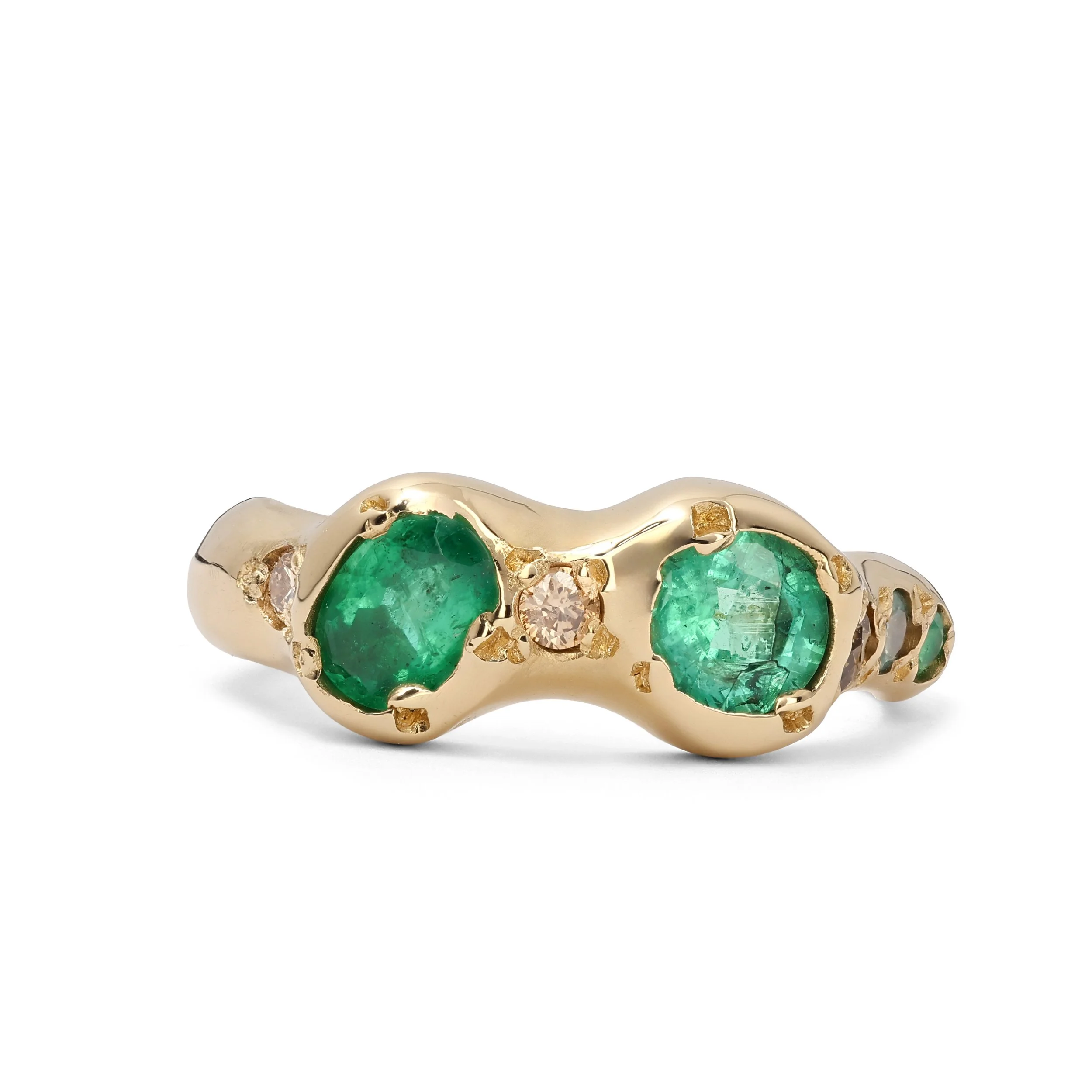 Jupiter Gold Band - a gold band with emeralds and brown diamonds