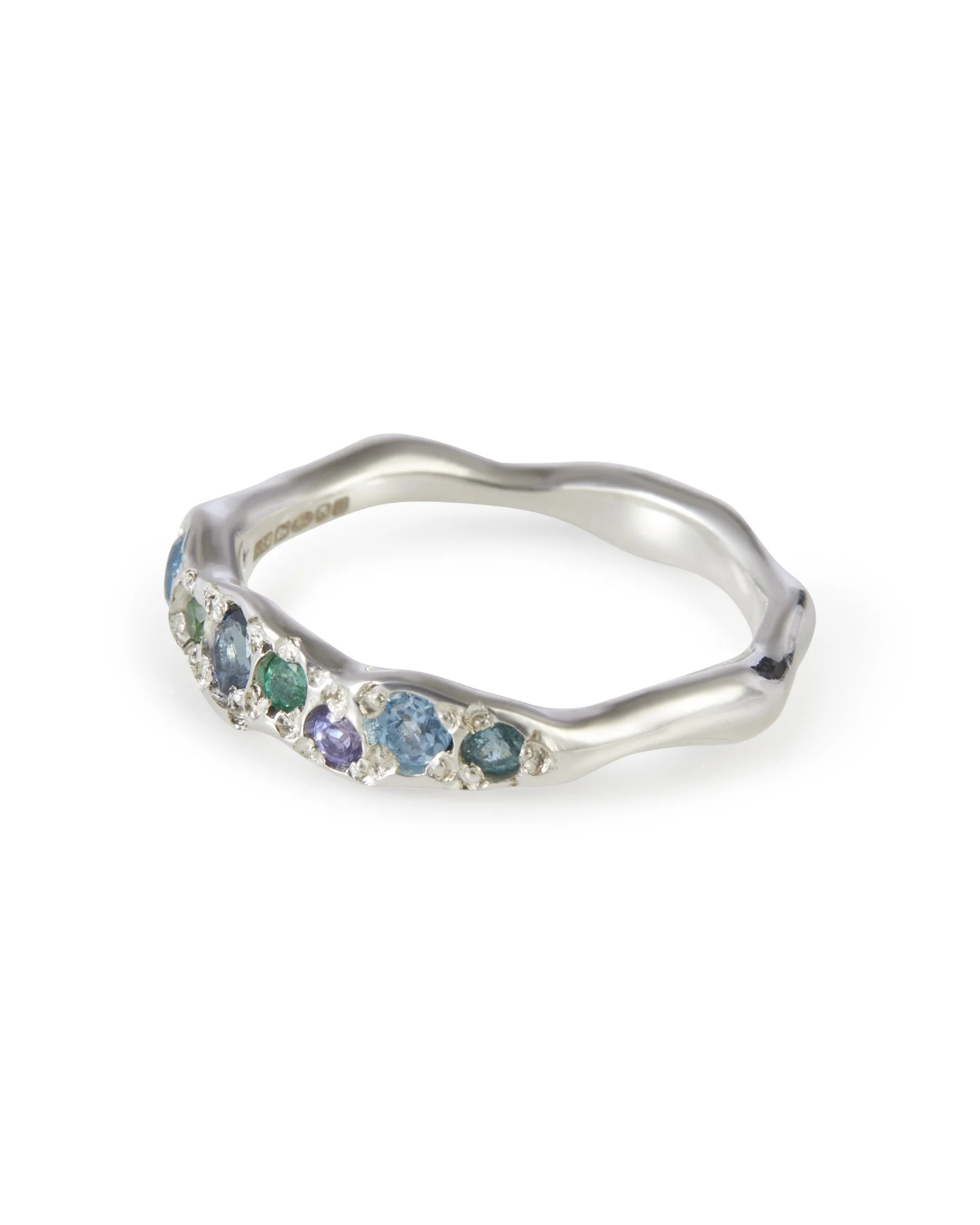 Side profile of the Earth Colne Ring in sterling silver with multicolour blue and green gemstones.