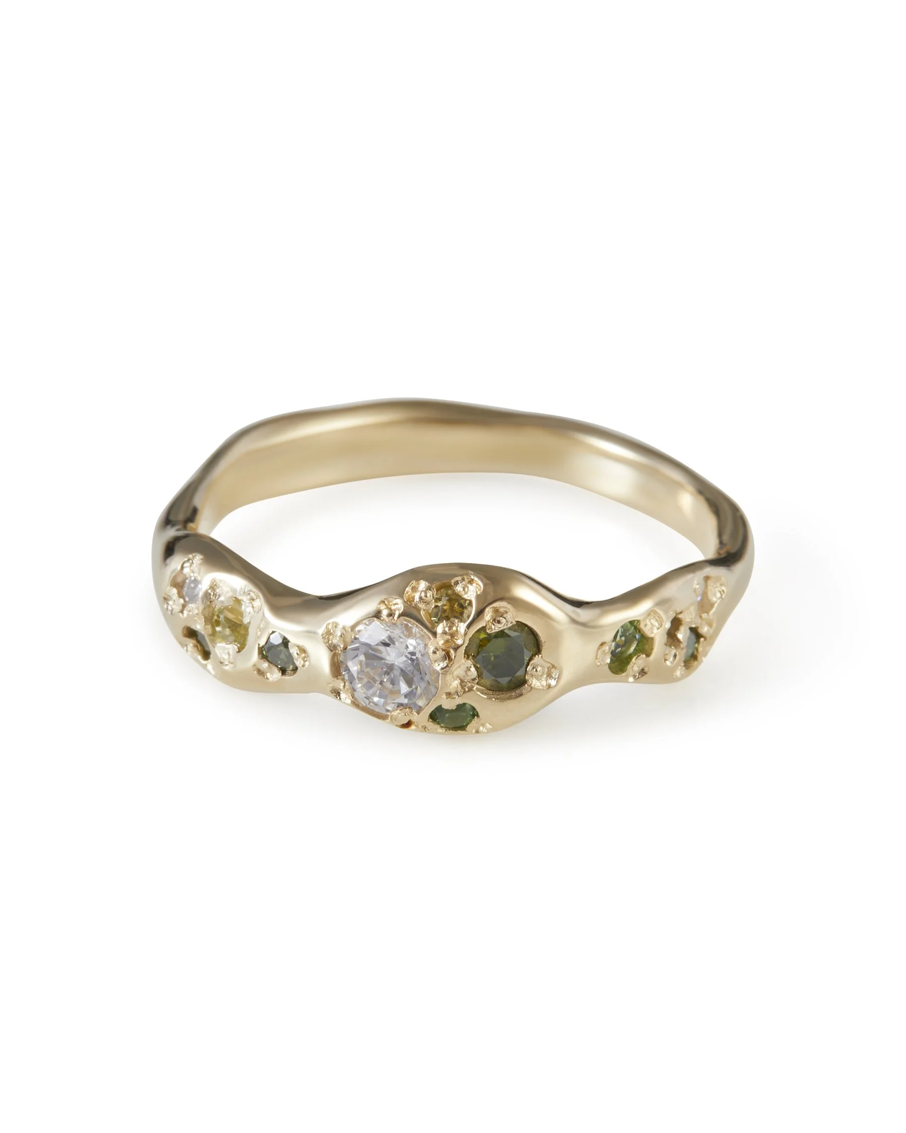 Pickle Geode Band in 9ct yellow gold with Chrome Tourmaline, Green Tourmaline, Peridot, Green Diamond, Lab Grown Moissanite gemstones.