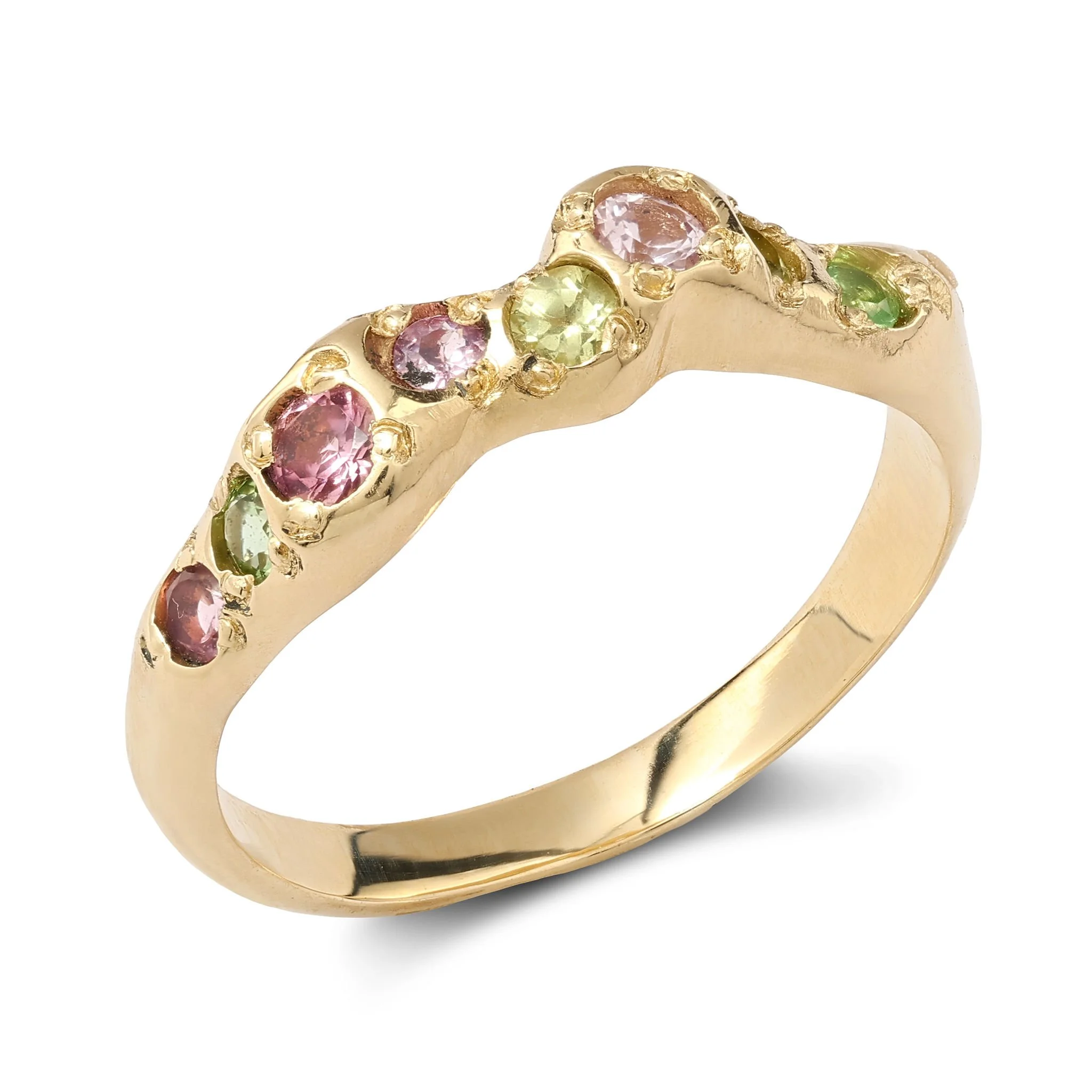 Venus band gold - a gold molten band with green and pink gemstones inspired by venus