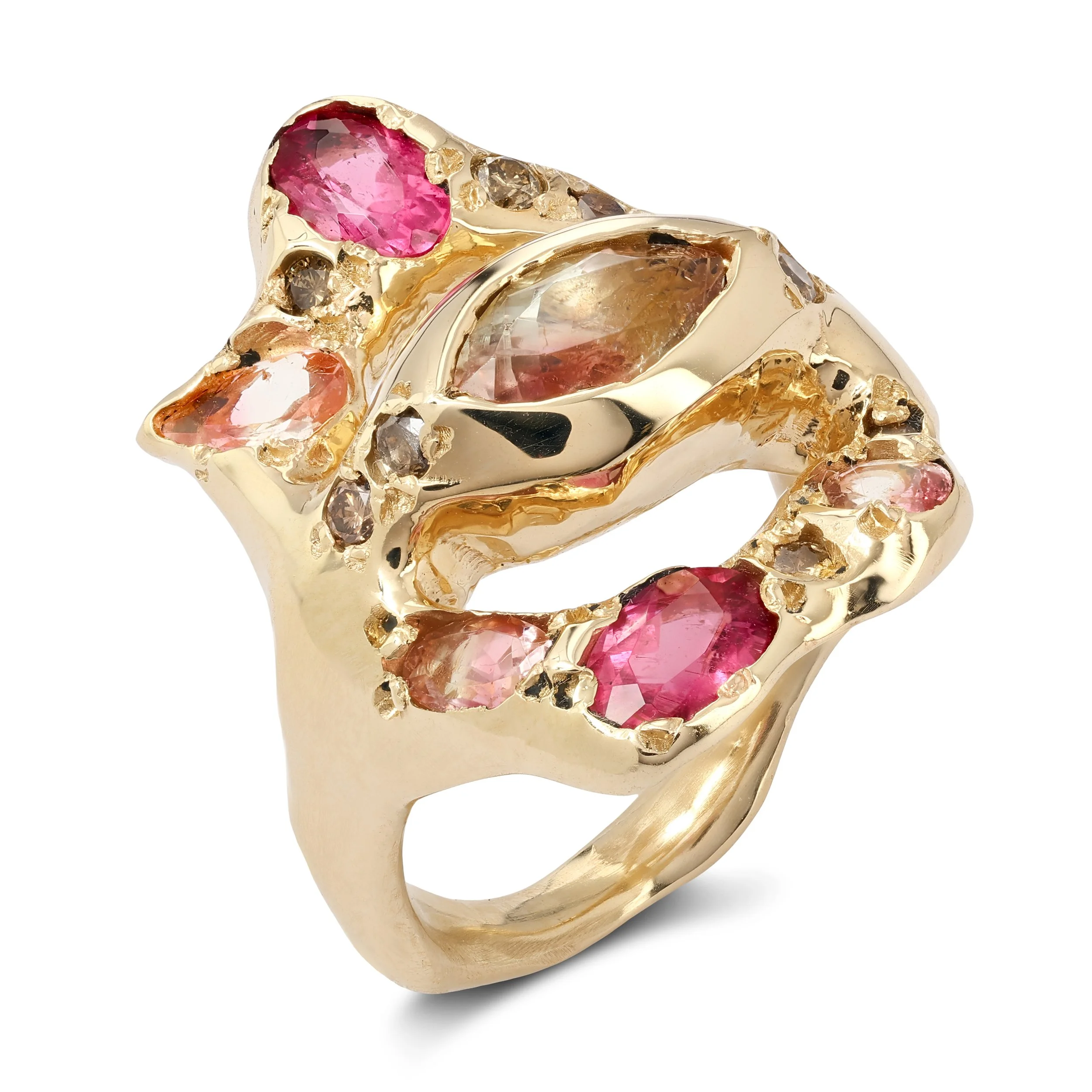 Saturn statement ring - a gold ring with pink tourmalines and brown diamonds