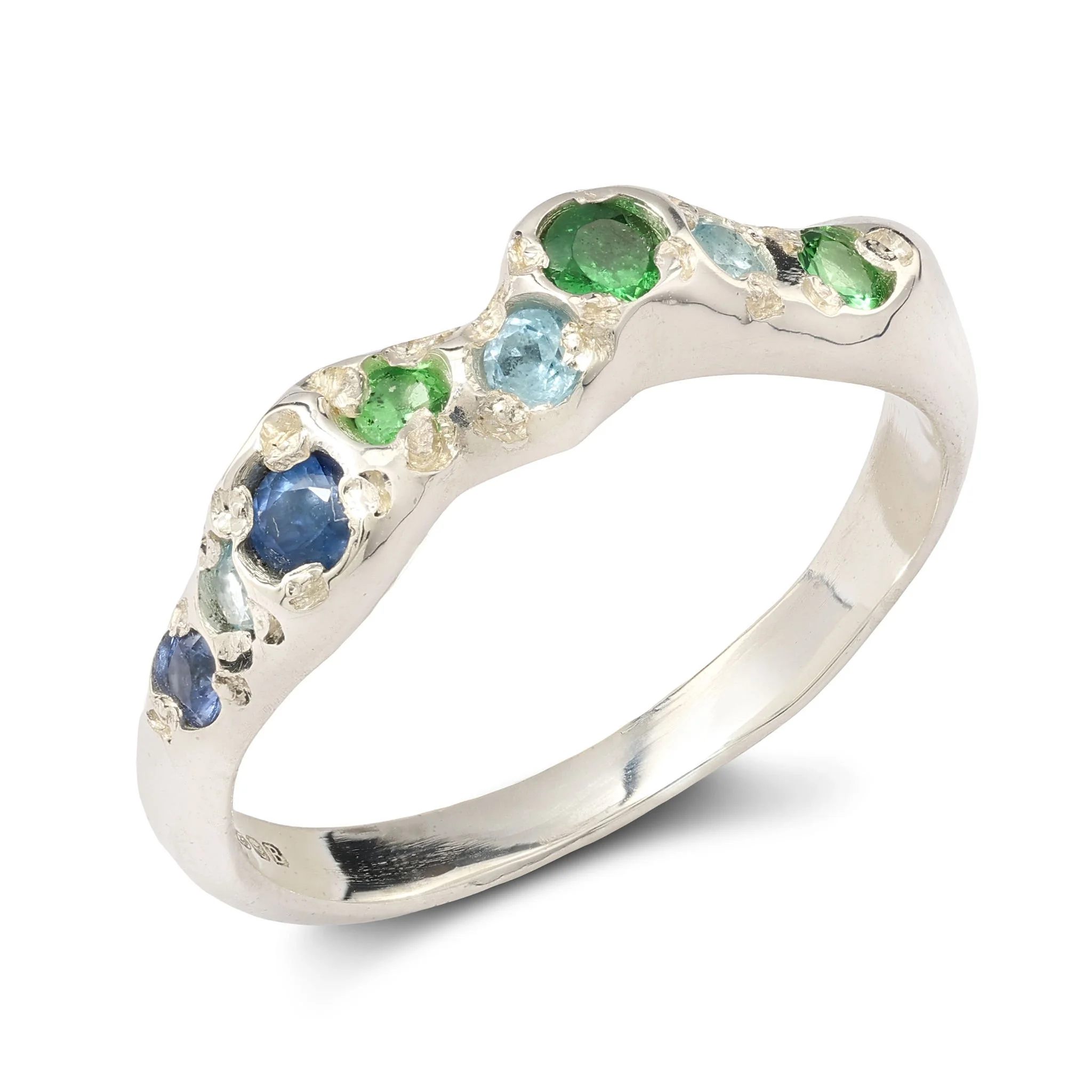 Earth silver ring - a molten silver band with blue and green gemstones