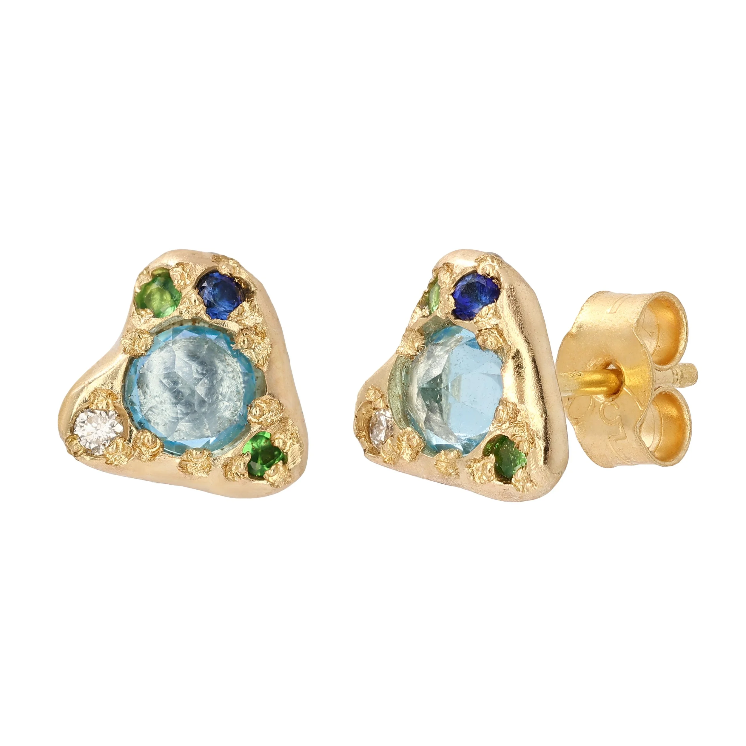 Earth studs round - gold studs with topaz, tsavorite garnet, sapphire and diamonds