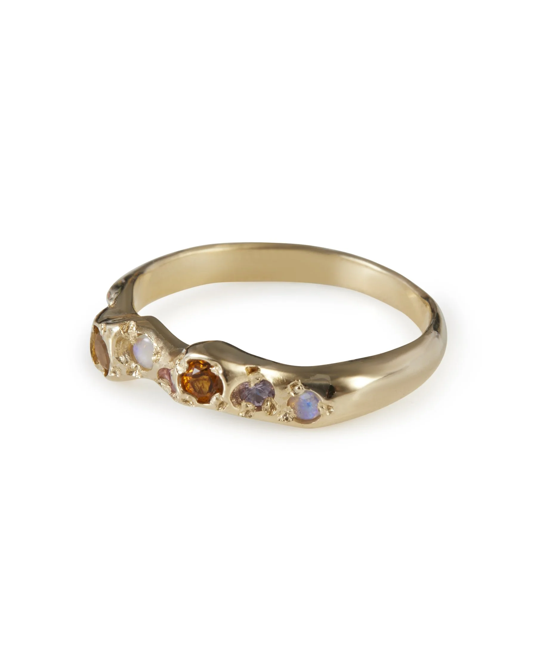 Side profile of the Springtime Mini Band in 9ct yellow gold with citrine, opal and lab grown moissanite.