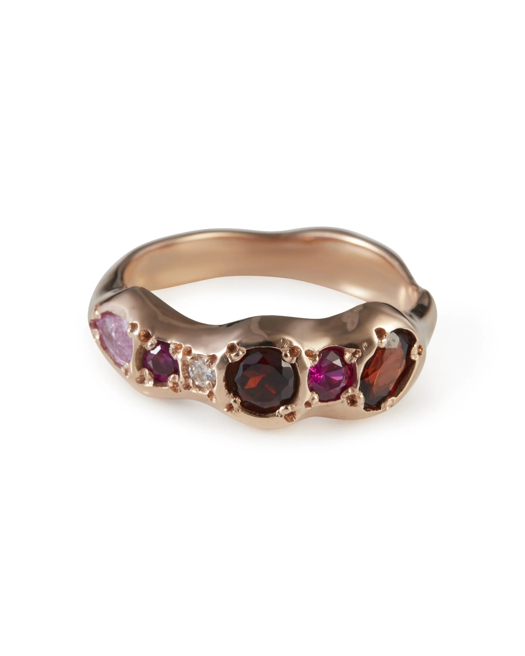 Red Pointer Ring in 9ct red gold with garnet, pink sapphire and lab grown moissanite gemstones.