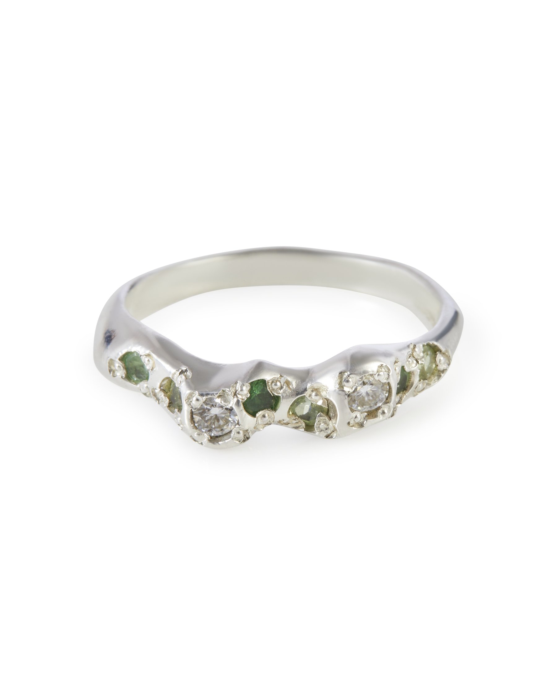 Leaf Green Mini Band in sterling silver with peridot, tsavorite garnet and lab grown moissanite gemstones