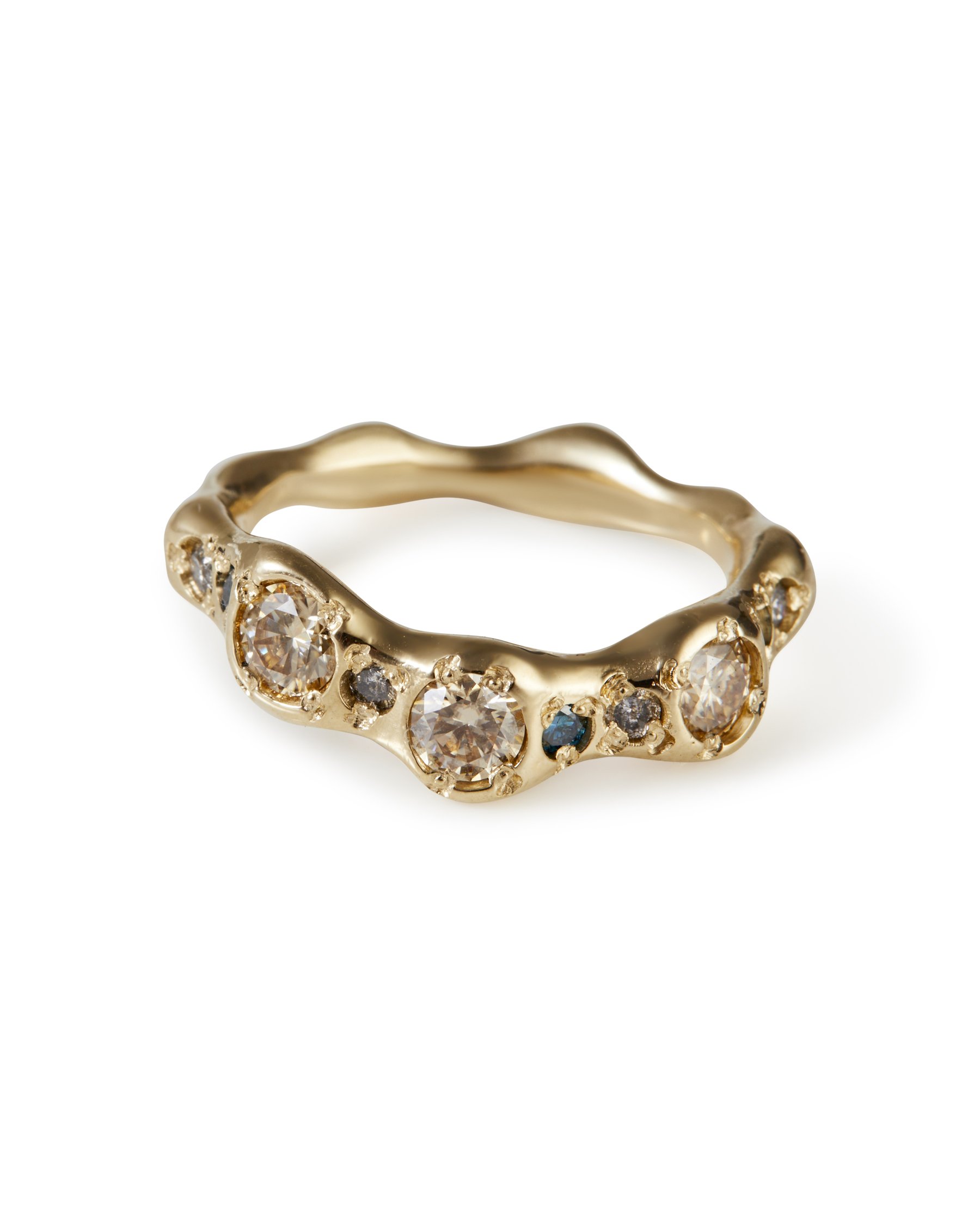 A molten organic band with brown moissanite and blue and grey diamonds - front view