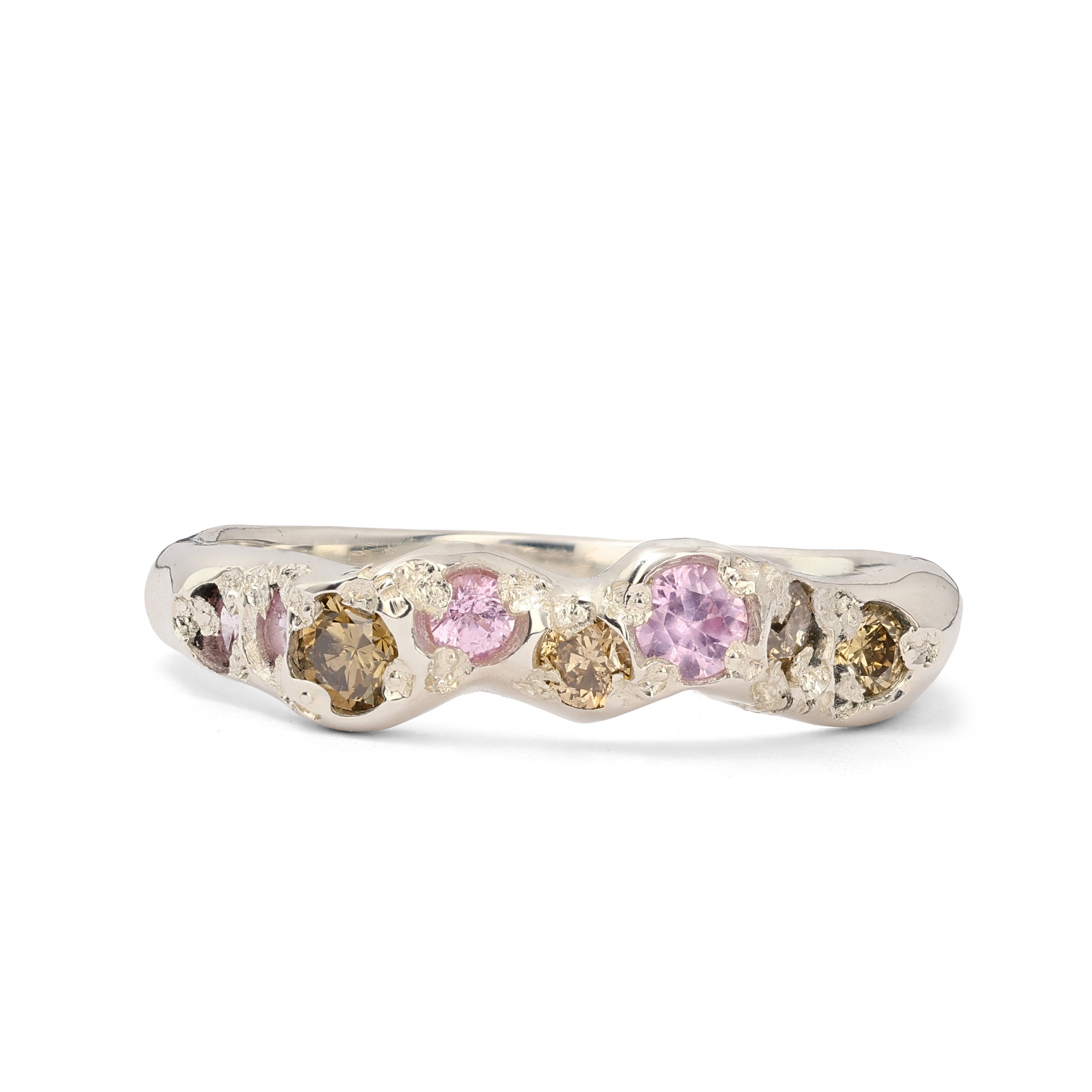 Saturn Silver band - a molten sterling silver band with brown diamonds and pink sapphires