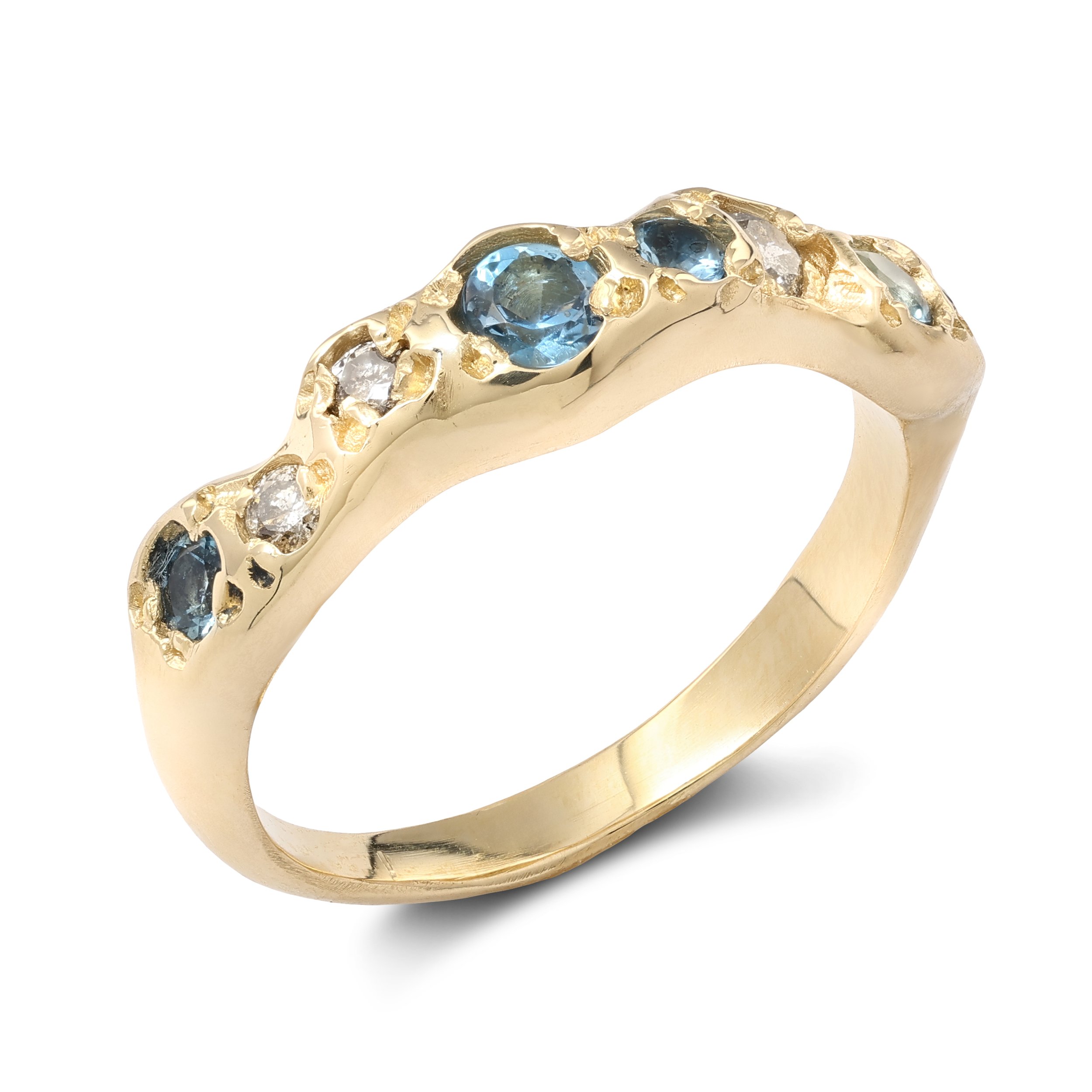 Uranus Band Gold - a molten gold ring with aquamarine and salt and pepper diamonds