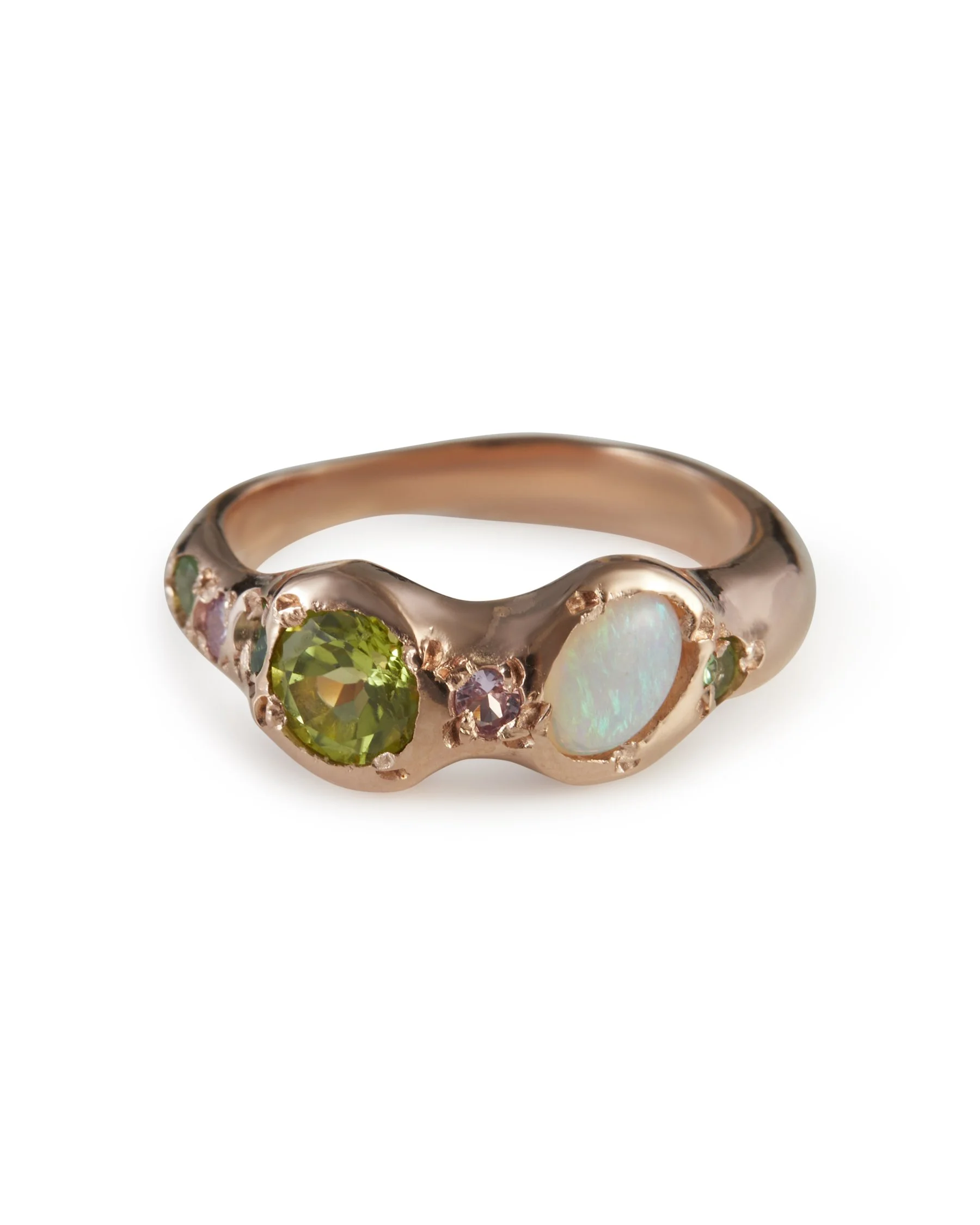 Cosmo and Wanda Alien Eyes Band in 9ct red gold with opal, peridot, tsavorite garnet and pink sapphire gemstones.