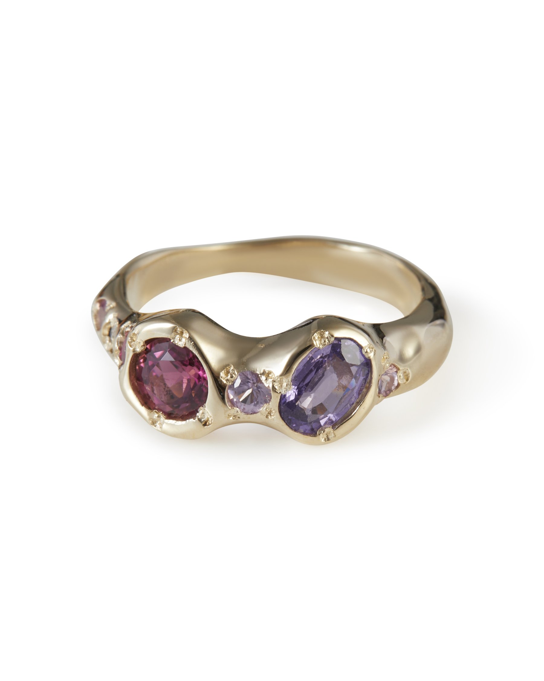Madeline Alien Eyes Ring in 9ct yellow gold with amethyst, pink tourmaline, purple sapphire, pink sapphire and lab grown moissanite.