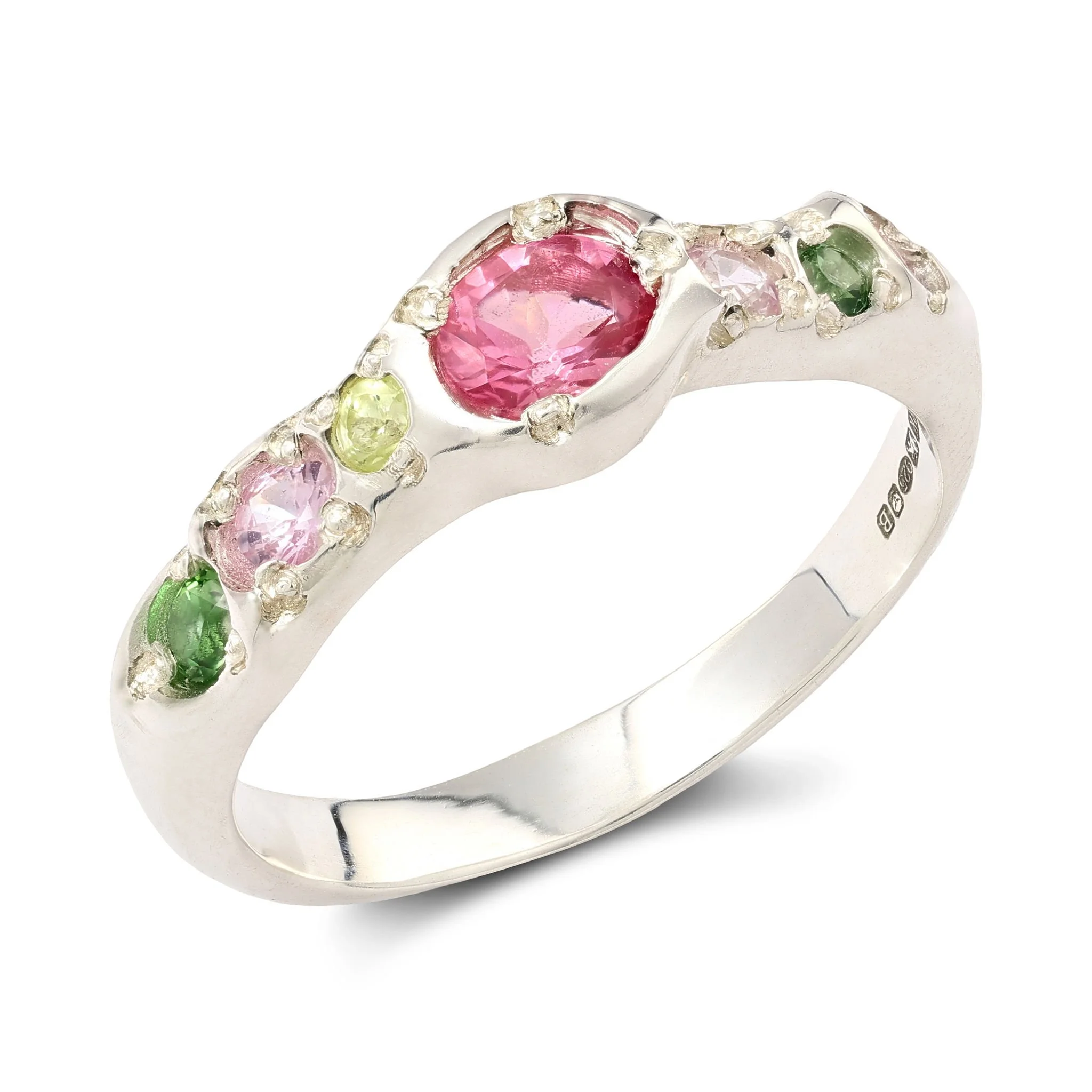 Venus silver band - a silver molten band with pink and green stones inspired by venus