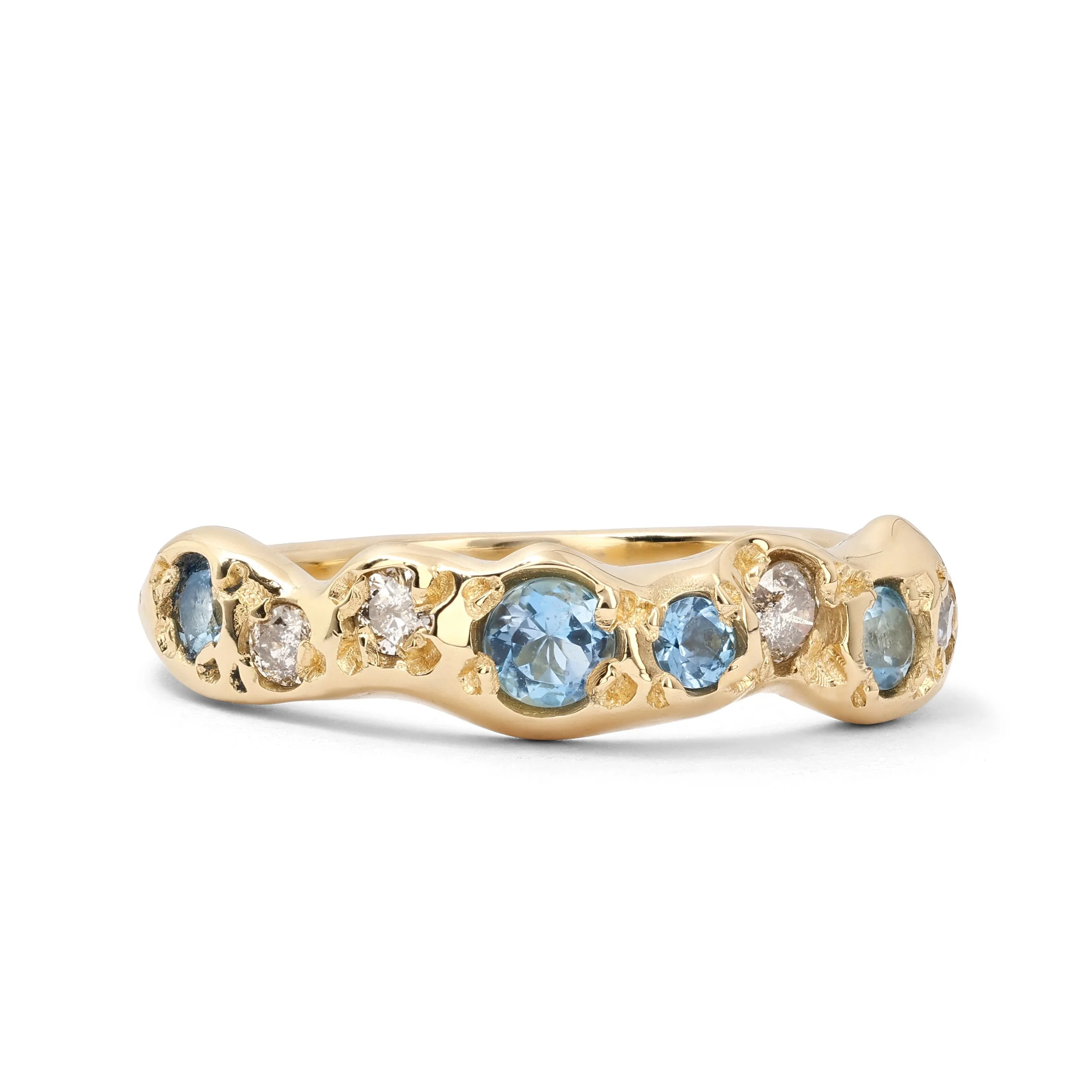 Uranus Ring gold - A molten gold ring with aquamarine and salt and pepper diamonds