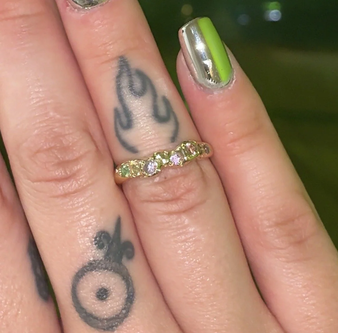 Venus band gold - a gold molten band with green and pink gemstones inspired by venus