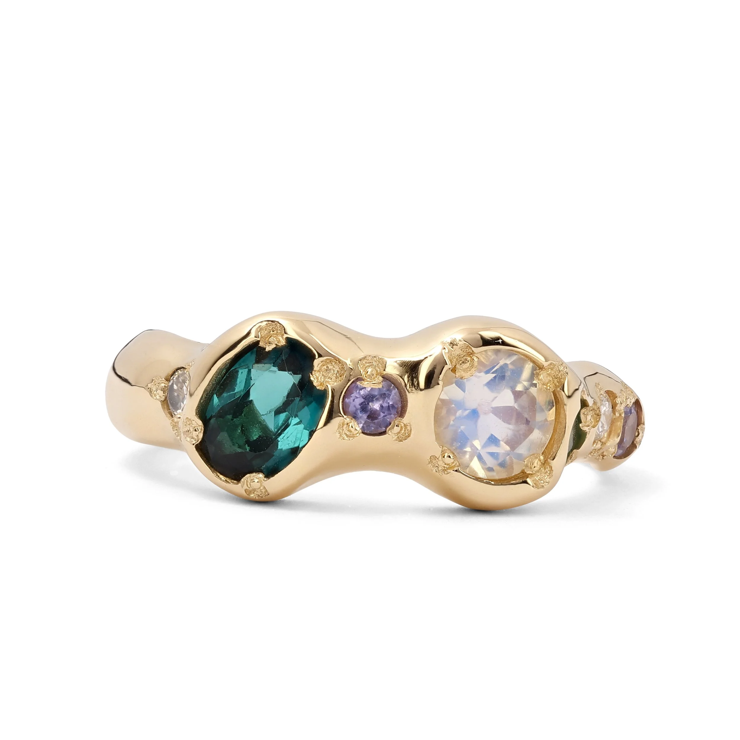 Mercury Gold band - a gold molten ring inspired by mercury with blue, purple and white stones