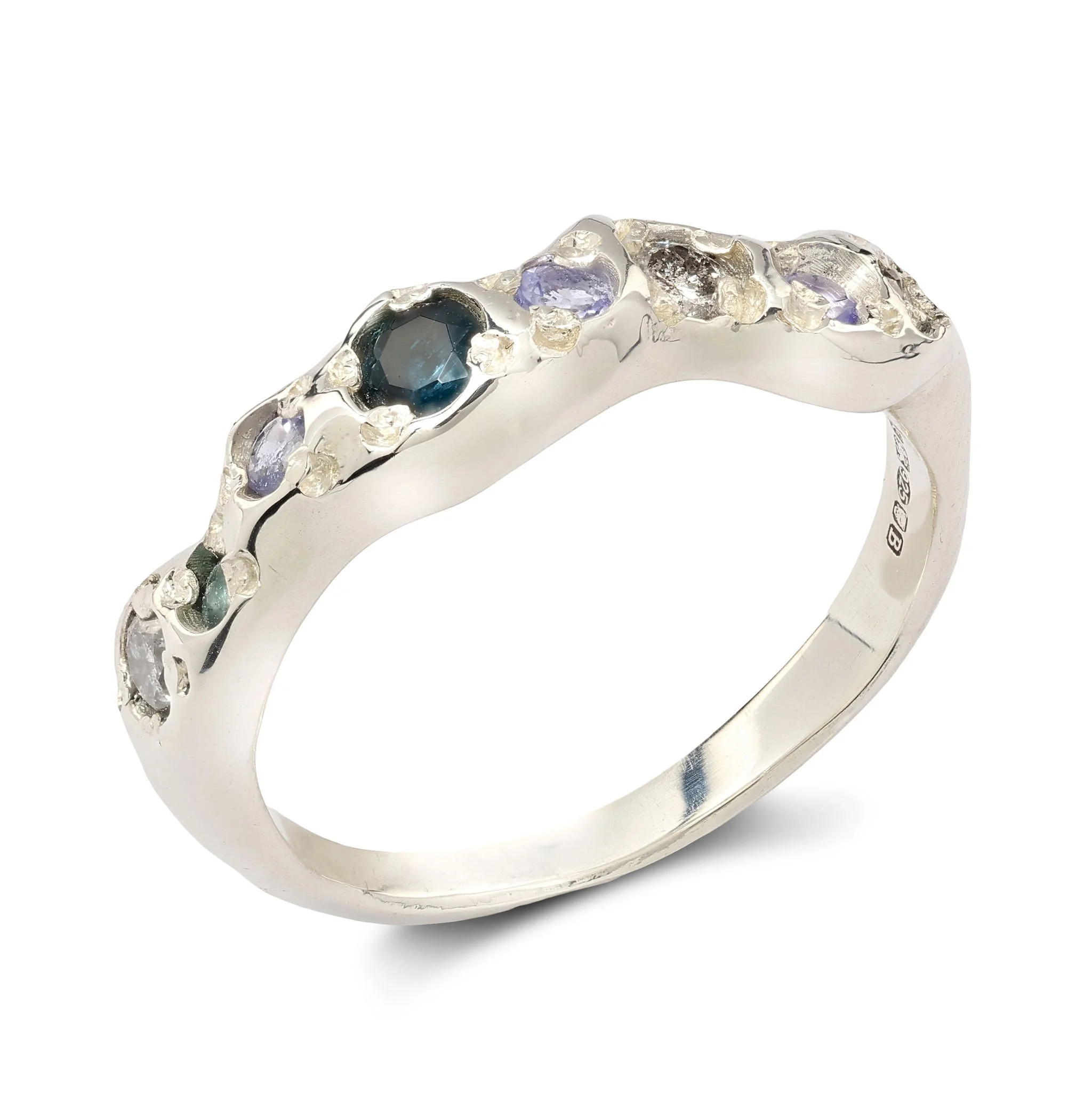 Mercury Silver band - A SILVER MOLTEN BAND RING WITH BLUE TOURMAOINE, TANZANITE AND SALT AND PEPPER DIAMONDS