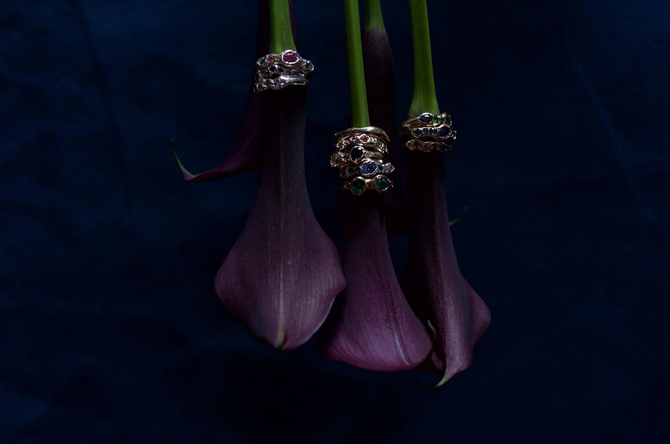 rings threaded onto flower stems