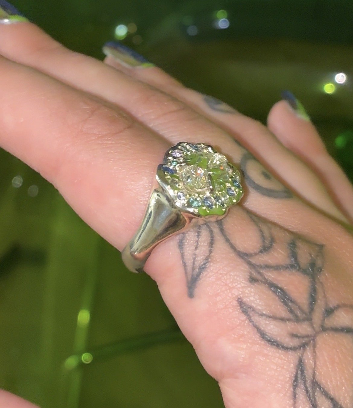Mercury Staement Ring - A large white gold ring with purple and blue gemstones and a central marquise lab grown diamond