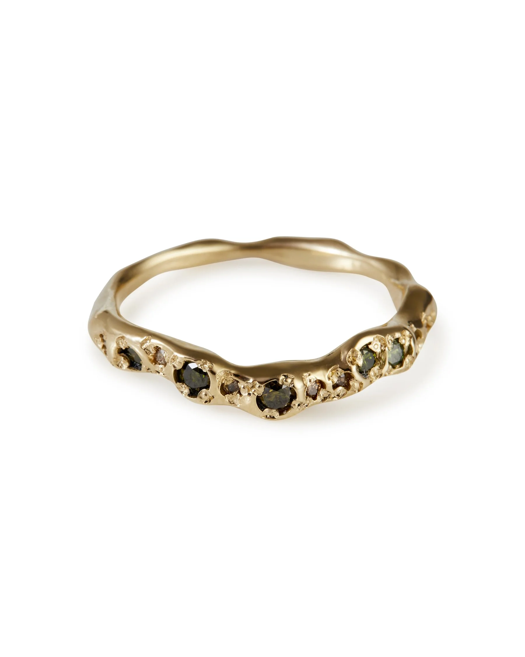 An organic green diamond and brown diamond band - front view