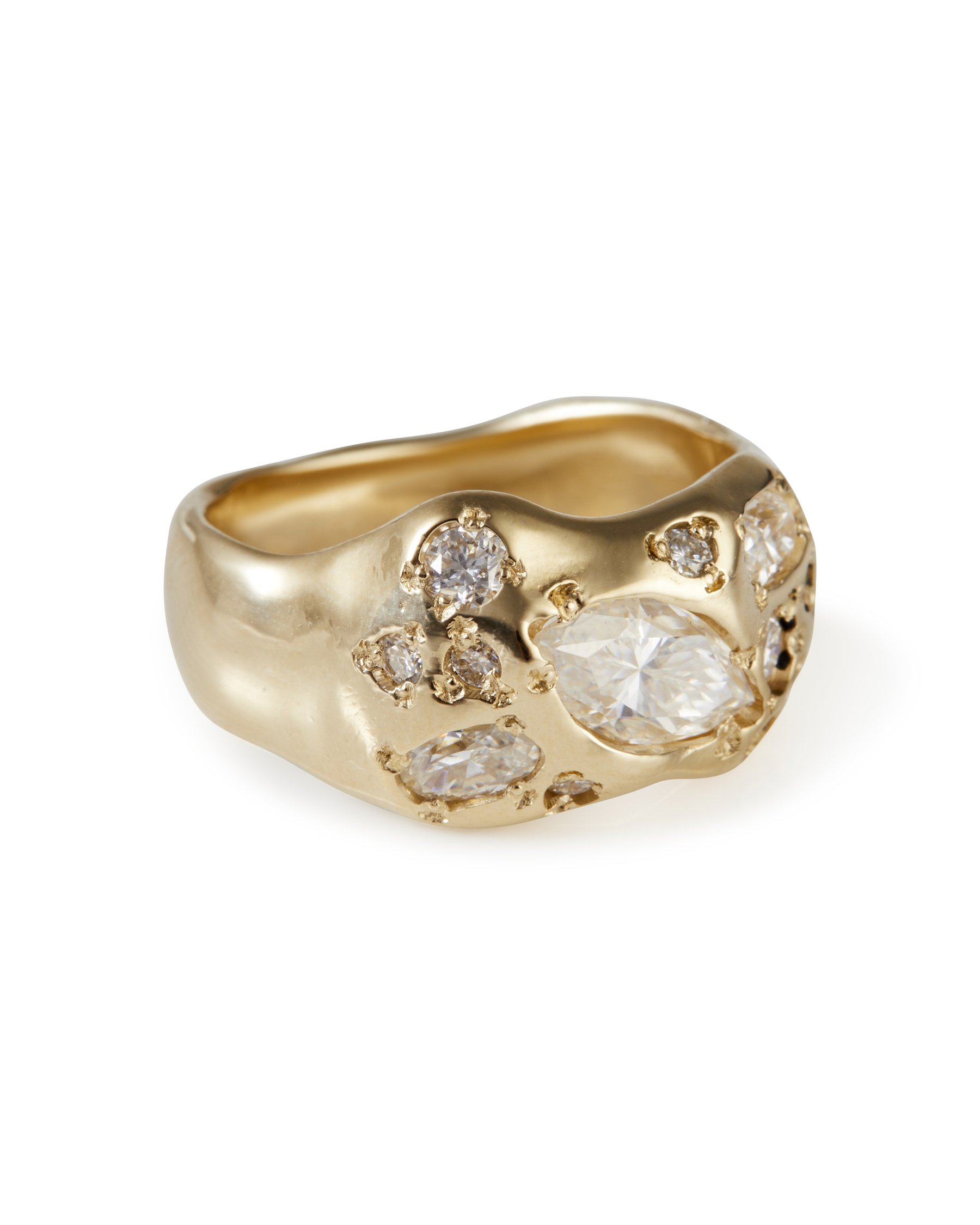 A molten statement ring with lab grown moissanite - side view