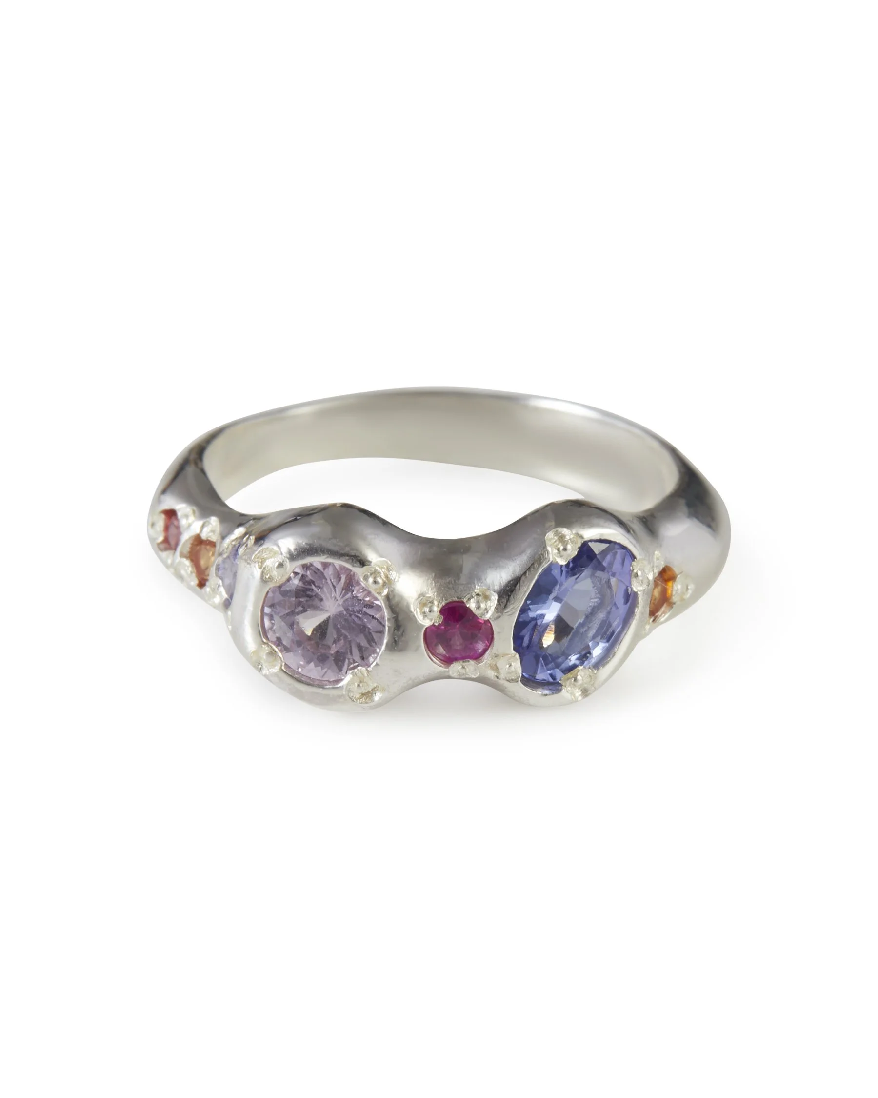 Princess Power Alien Eyes Ring in sterling silver with pink sapphire, purple sapphire, orange sapphire and tanzanite gemstones.