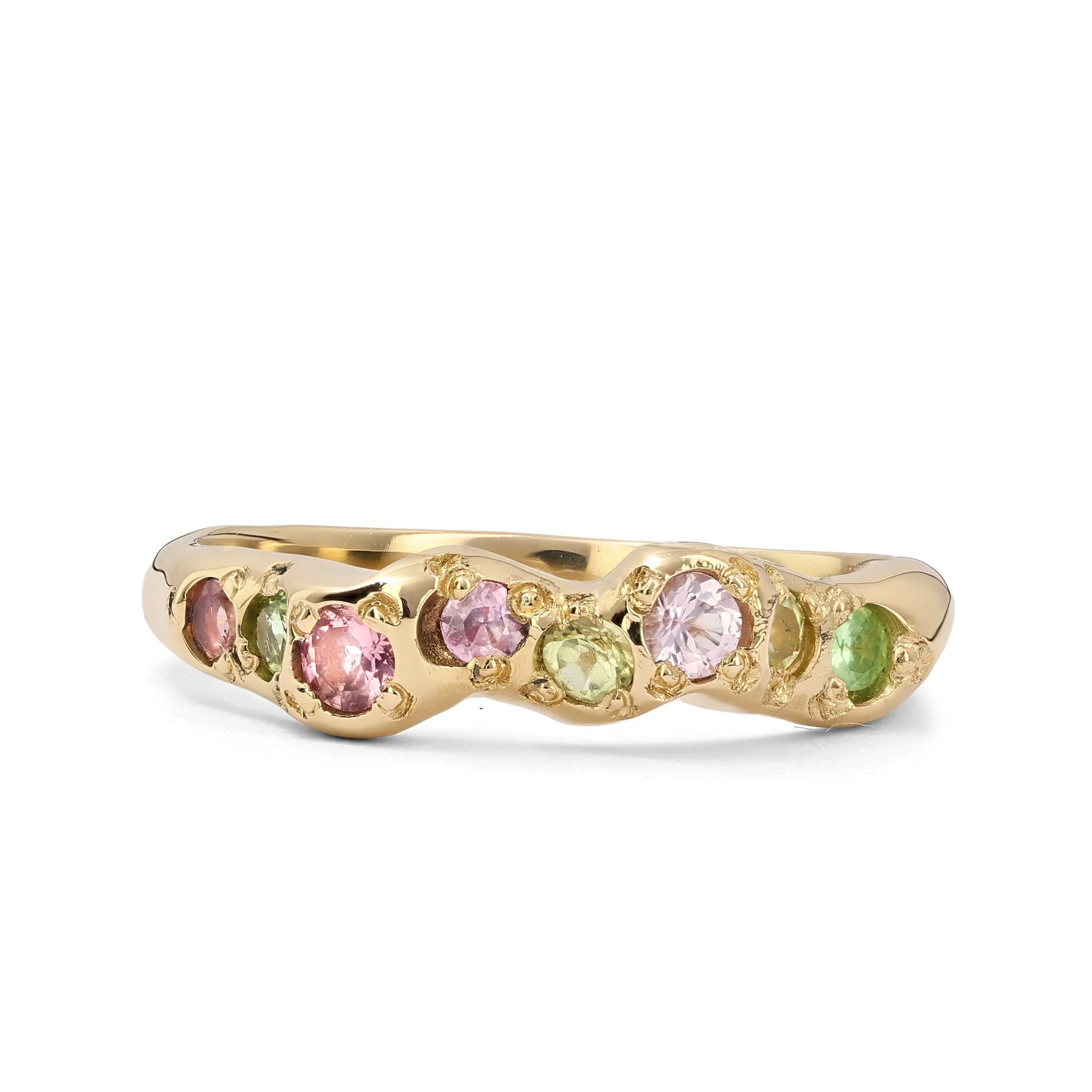 Venus band gold - a gold molten band with green and pink gemstones inspired by venus