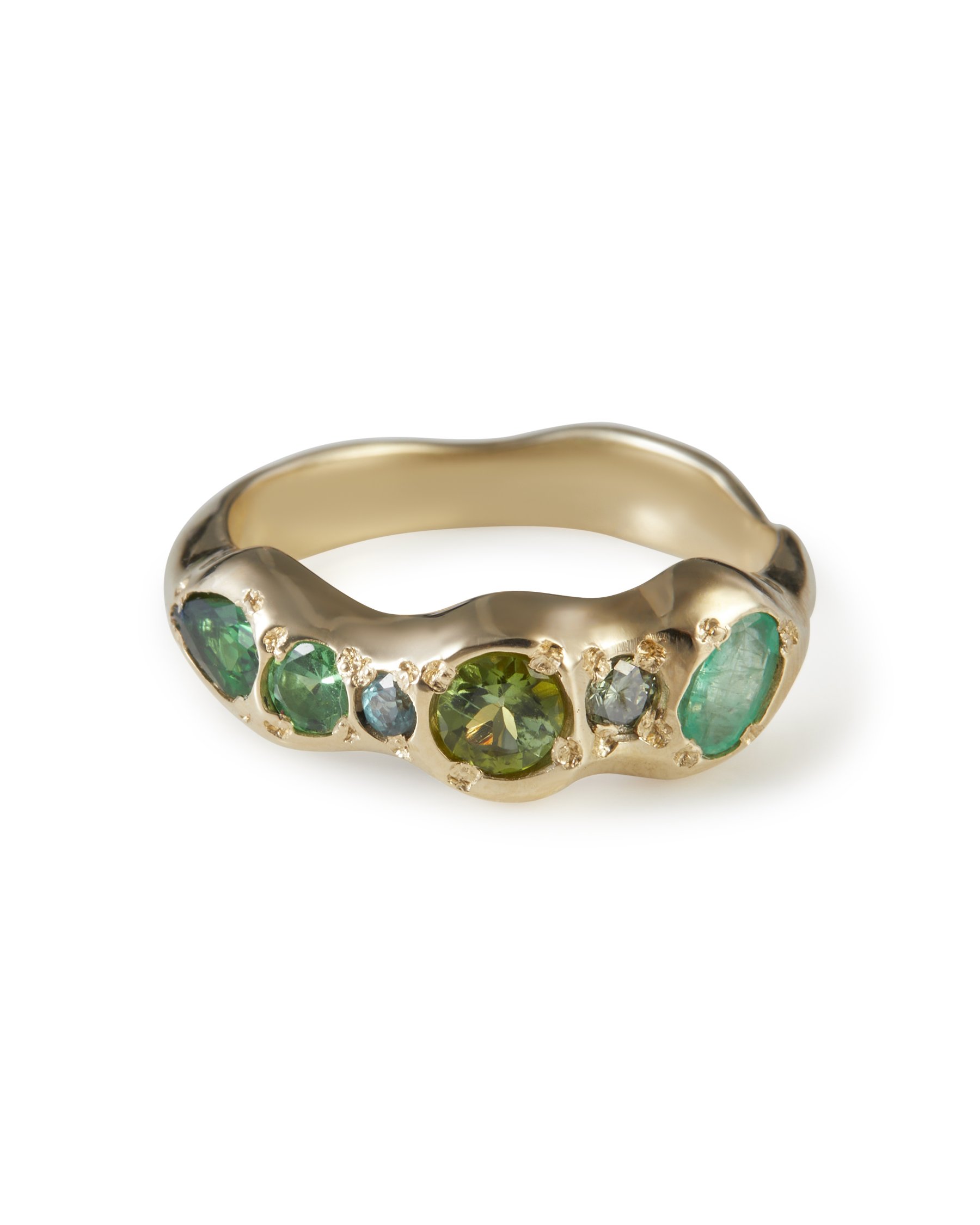 Pickle Pointer Band in 9ct yellow gold with emerald, tourmaline, tsavorite garnet and green diamond gemstones.