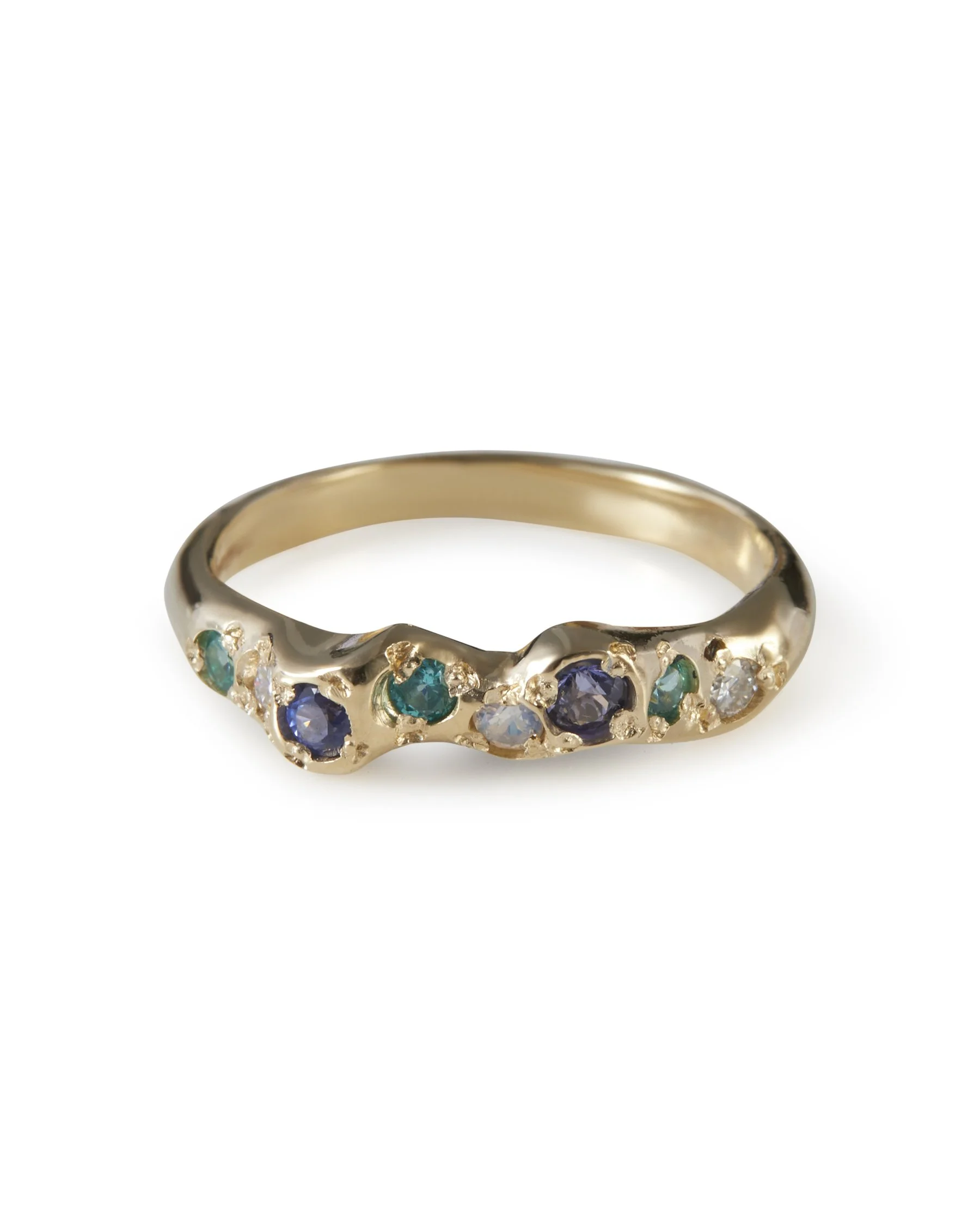 Mermaid Mini Band ring in 9ct yellow gold with purple sapphires, paraiba YAG, moonstone and moissanite gemstones.
