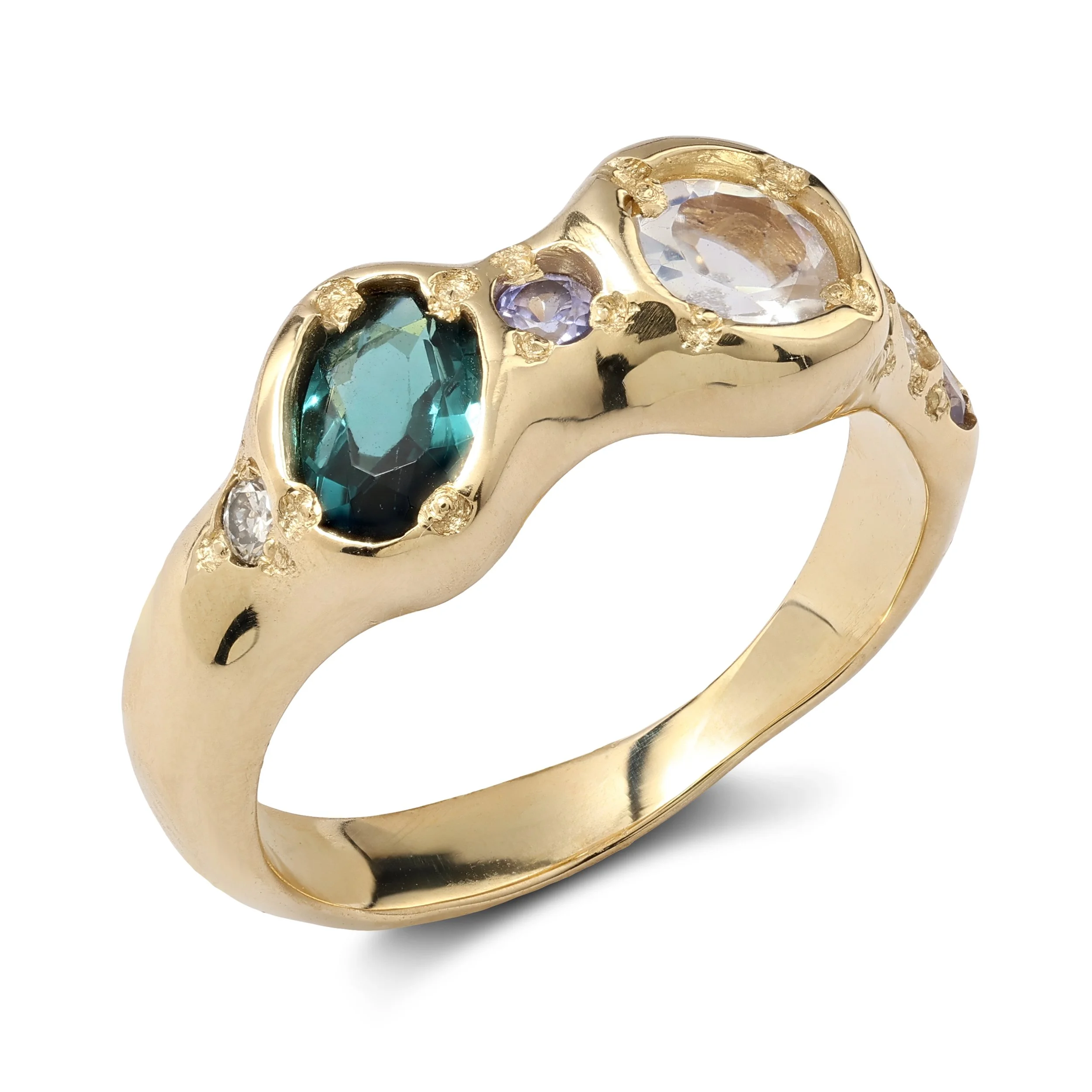 Mercury Gold band - a gold molten ring inspired by mercury with blue, purple and white stones
