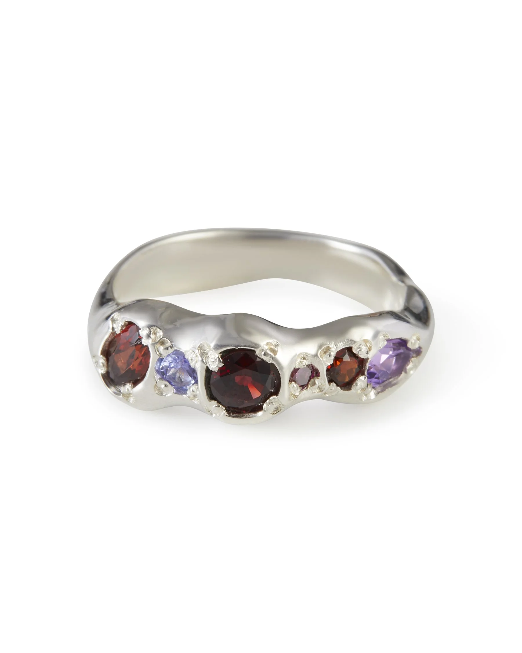 Gemma Pointer Band in sterling silver with garnet, tanzanite, amethyst, pink diamond and lab grown moissanite.