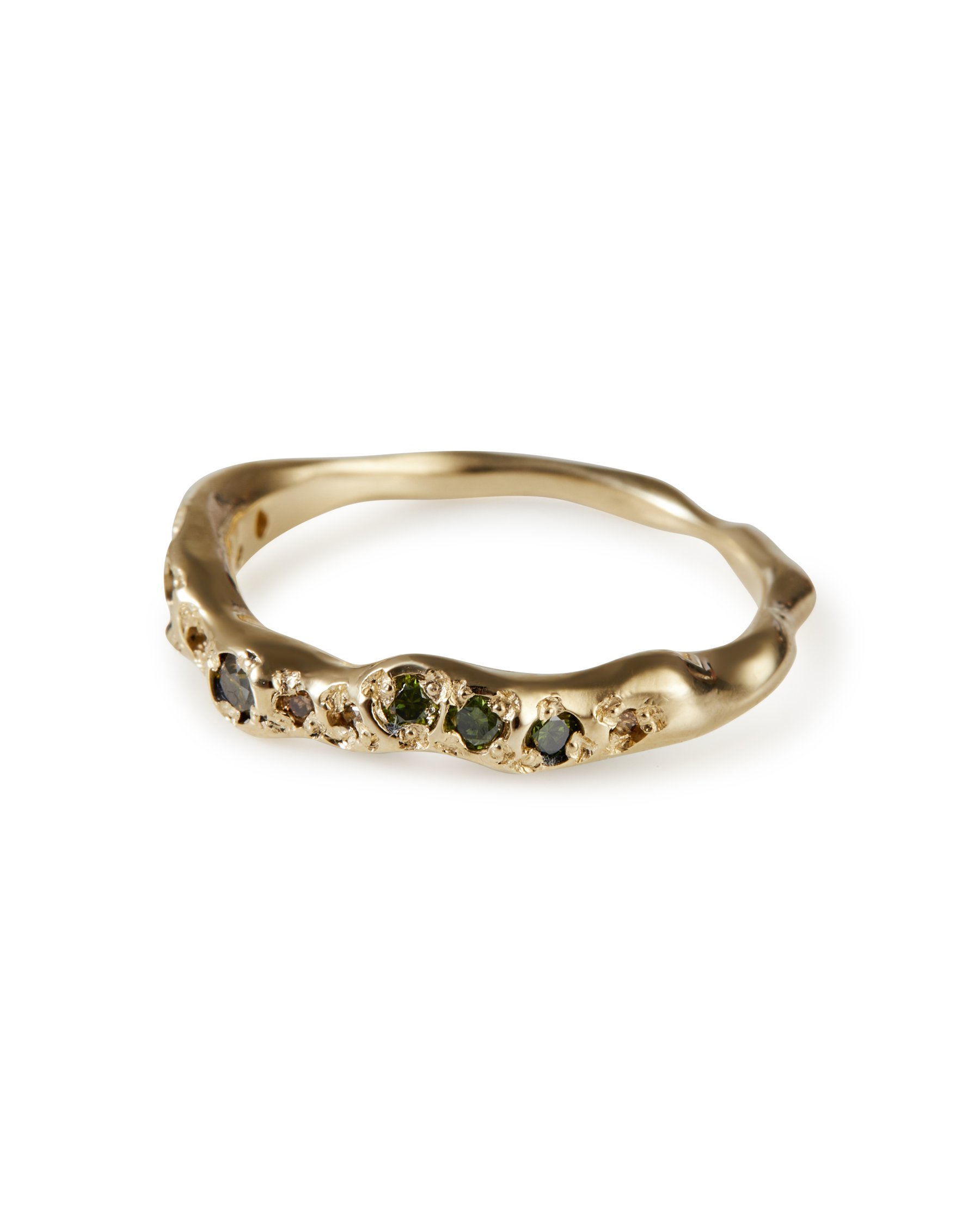An organic green diamond and brown diamond band - side view
