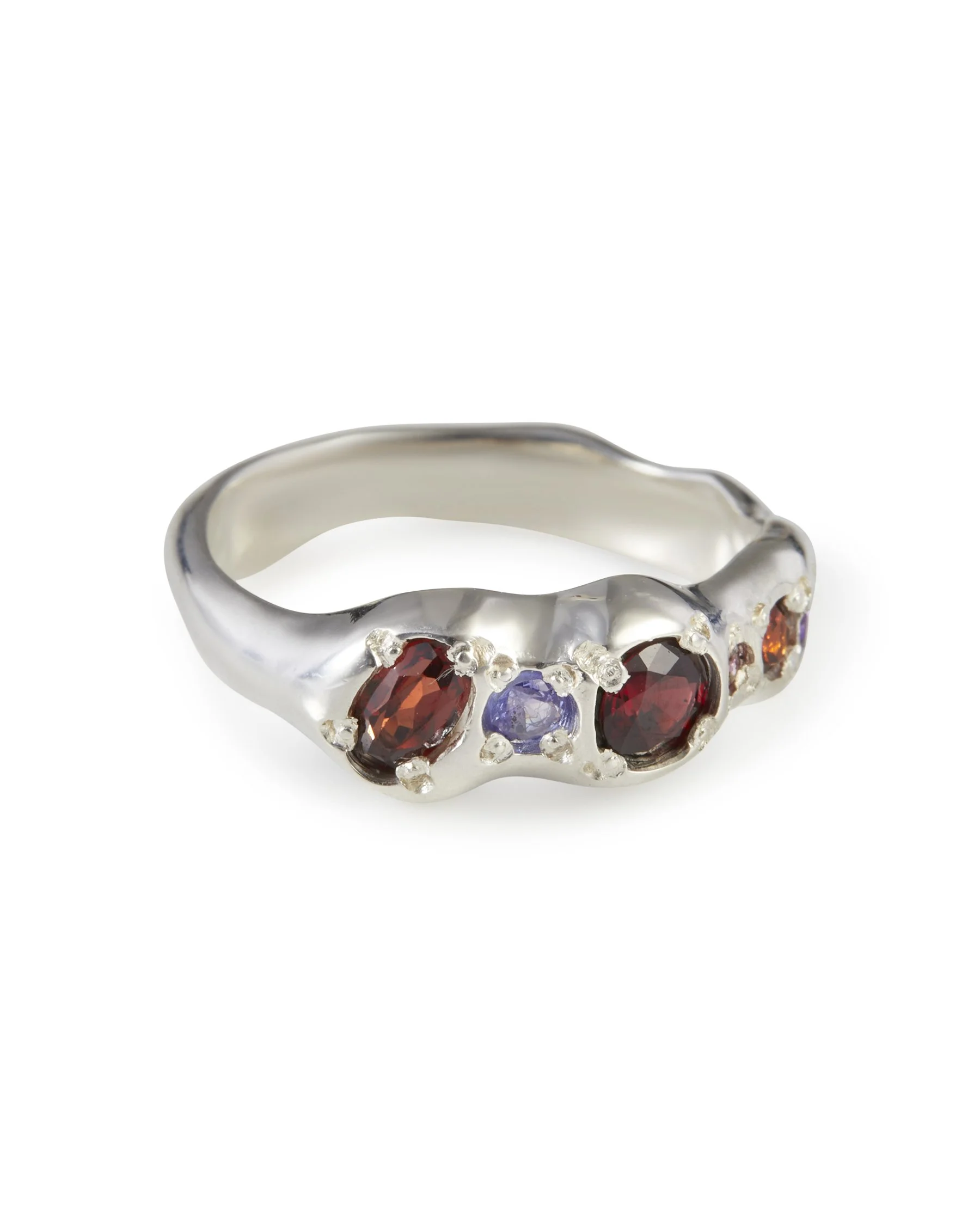 Angled view of the Gemma Pointer Band featuring multicolour gemstones in sterling silver.
