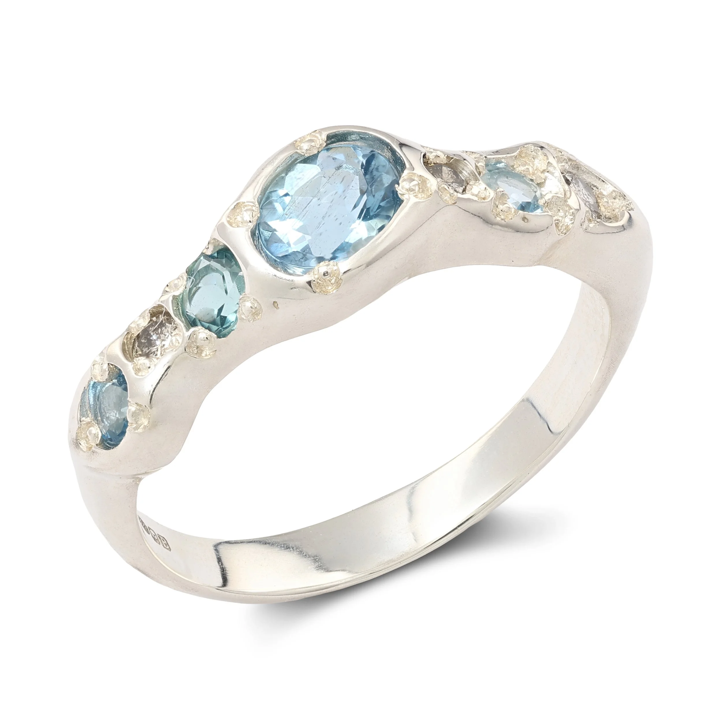 Uranus Ring silver - A molten silver ring with aquamarine and salt and pepper diamonds