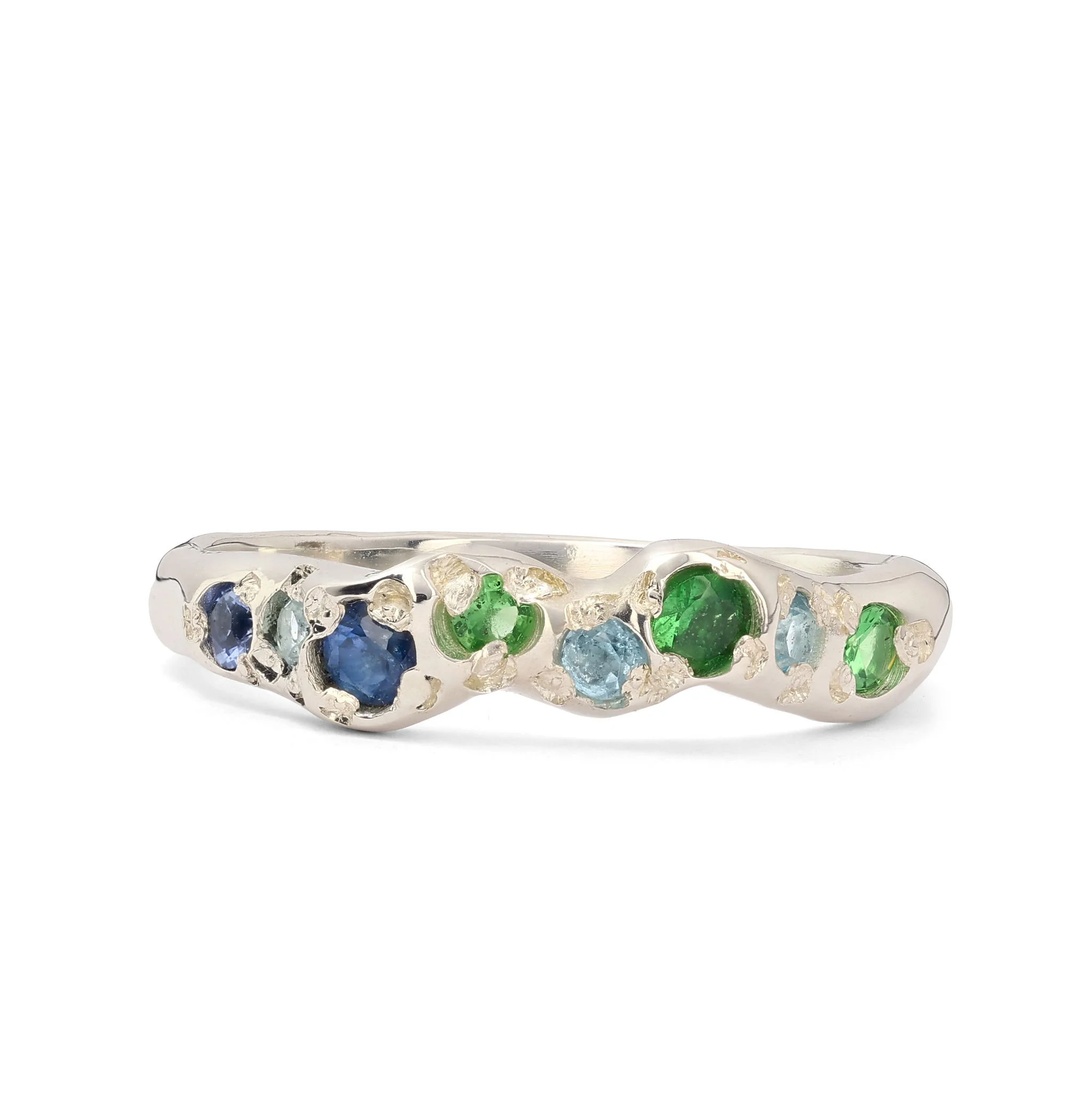 Earth silver ring - a molten silver band with blue and green gemstones
