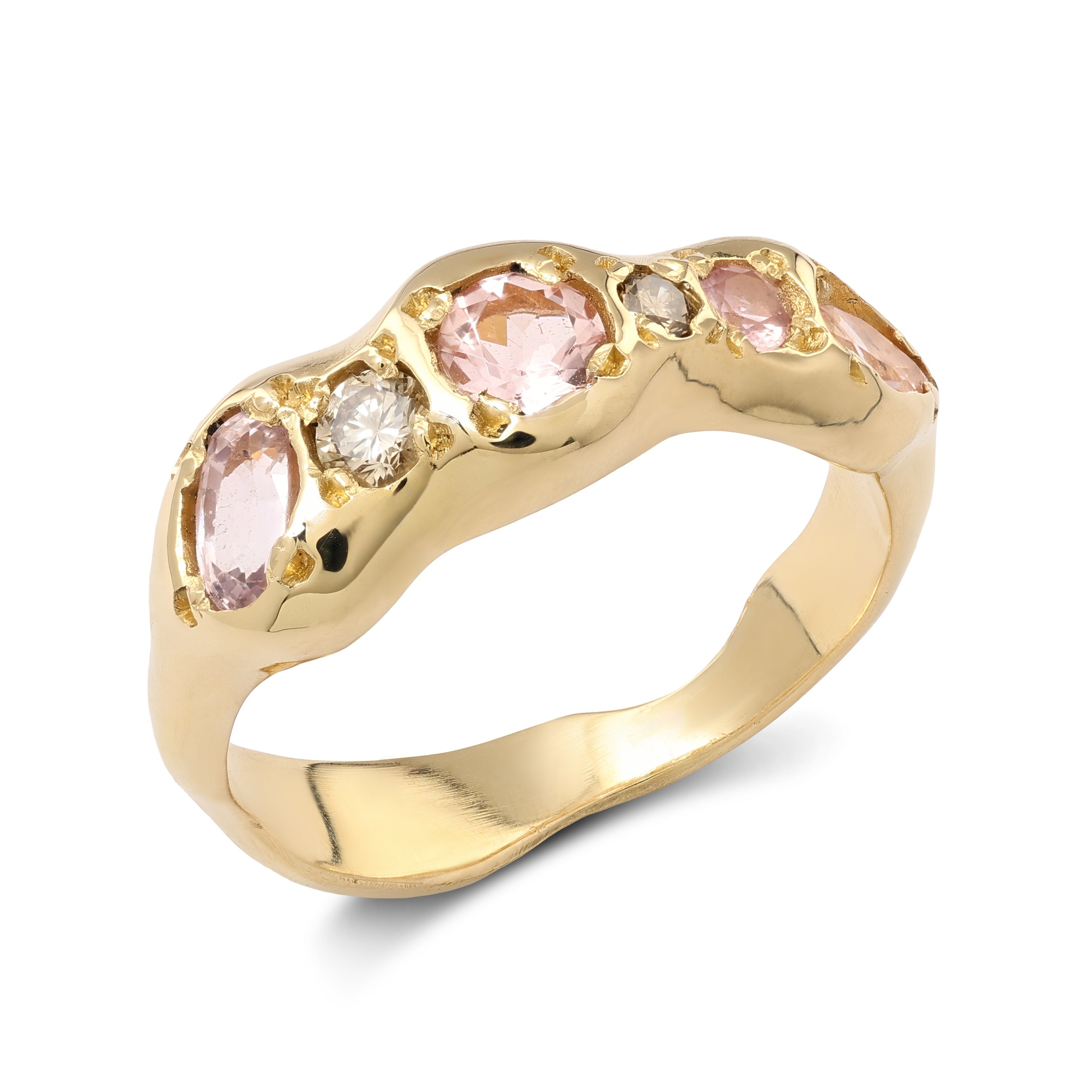 Saturn Band Gold - A gold band with pink sapphires, brown diamonds and morganite