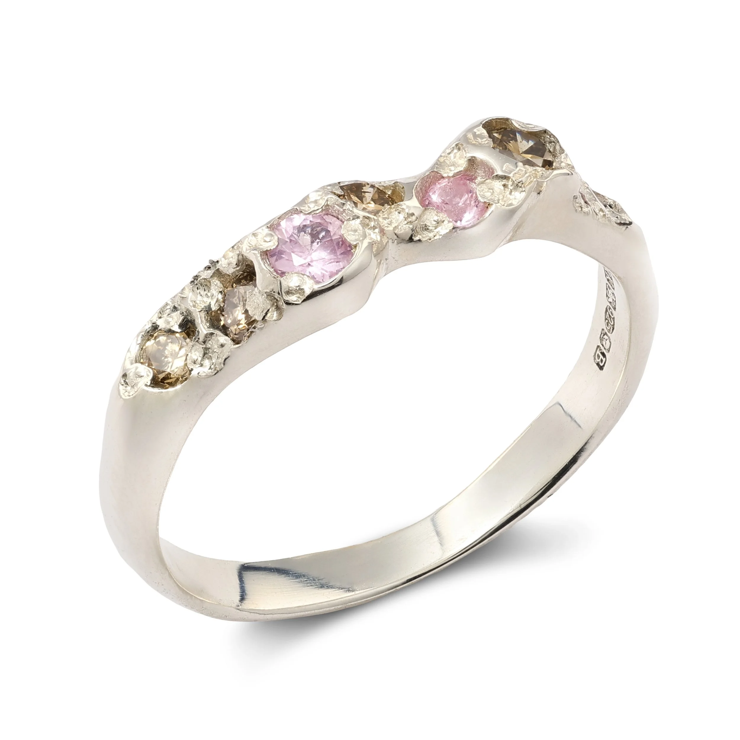 Saturn Silver band - a molten sterling silver band with brown diamonds and pink sapphires