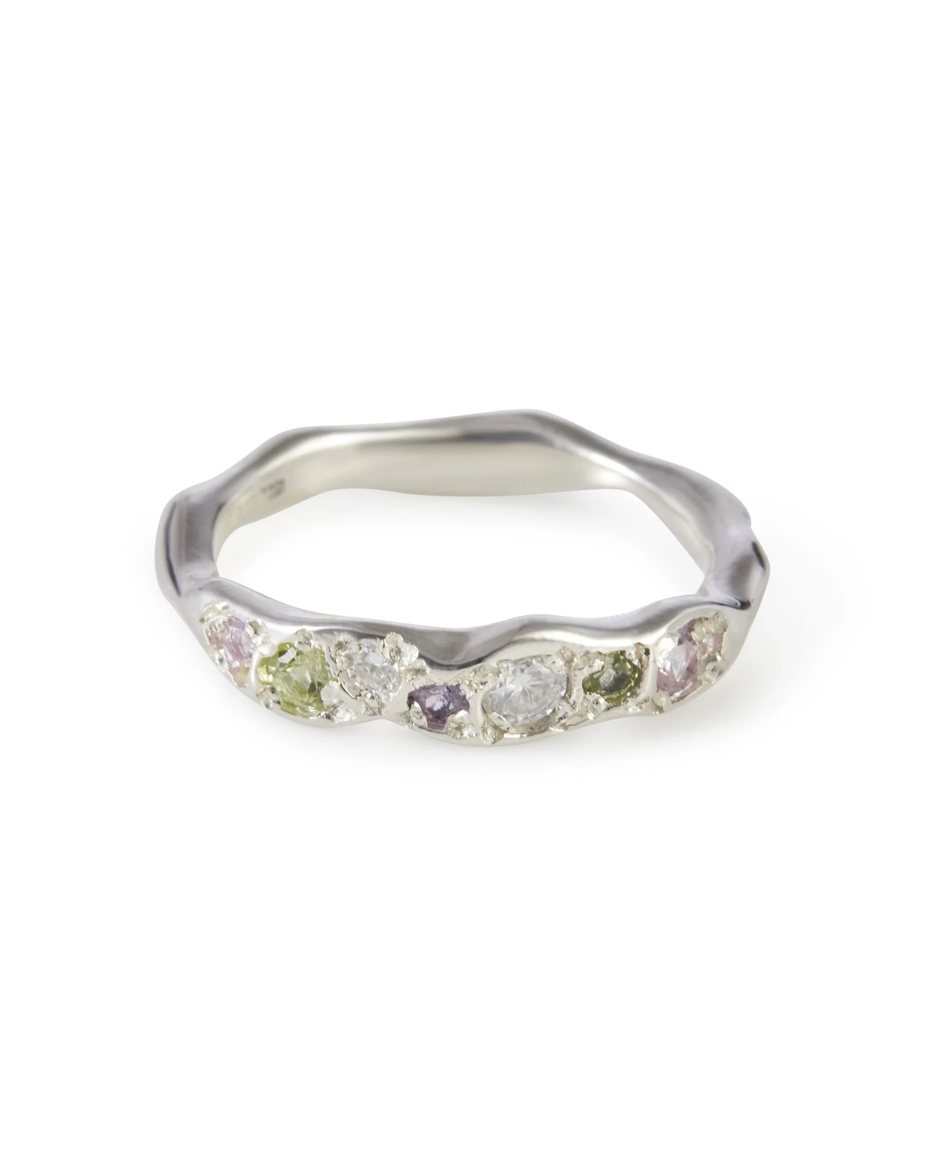 Petal Colne Ring in sterling silver with pink sapphire, peridot and lab grown moissanite gemstones.