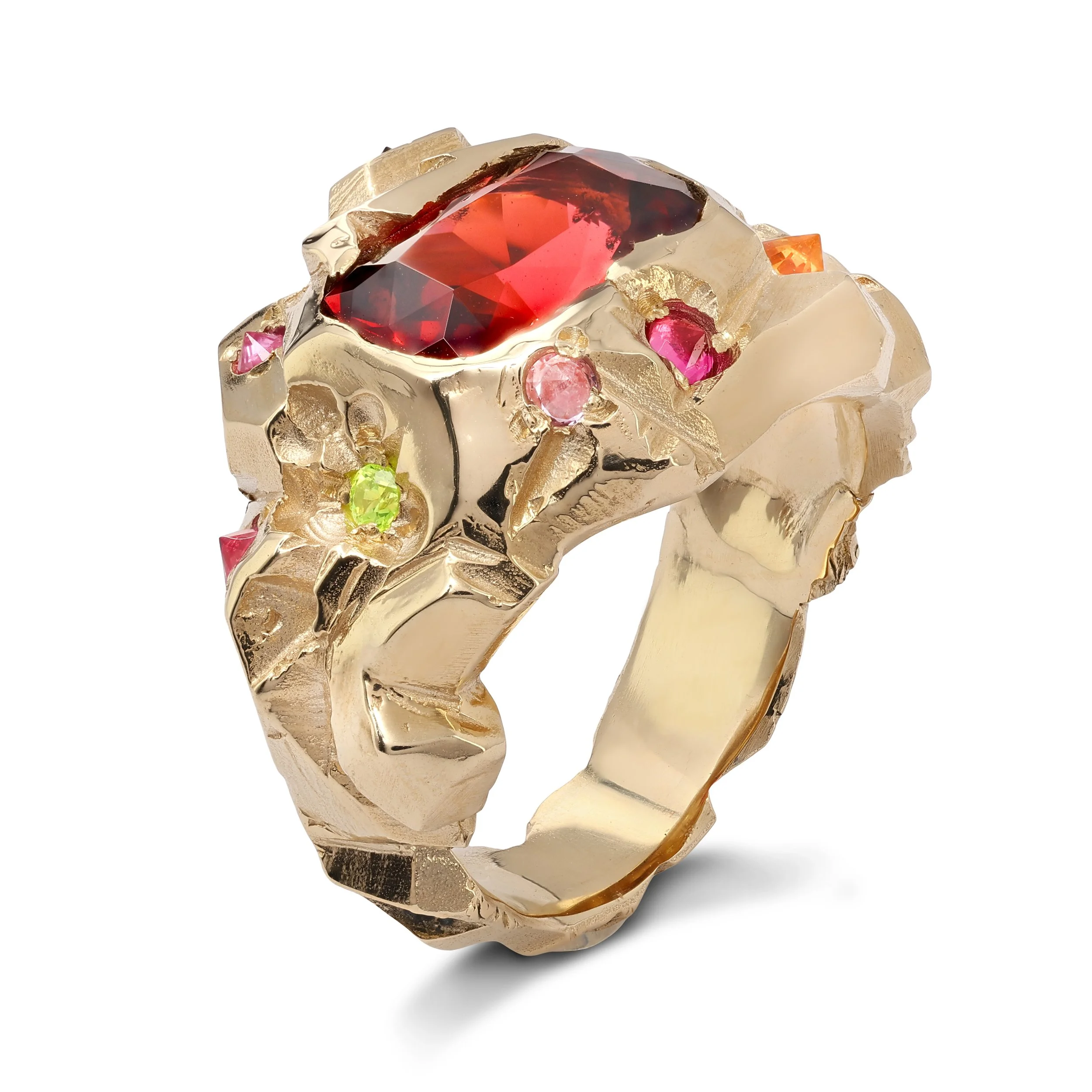 Mars statement ring - a heavily textured ring with garnet, sapphire and luag