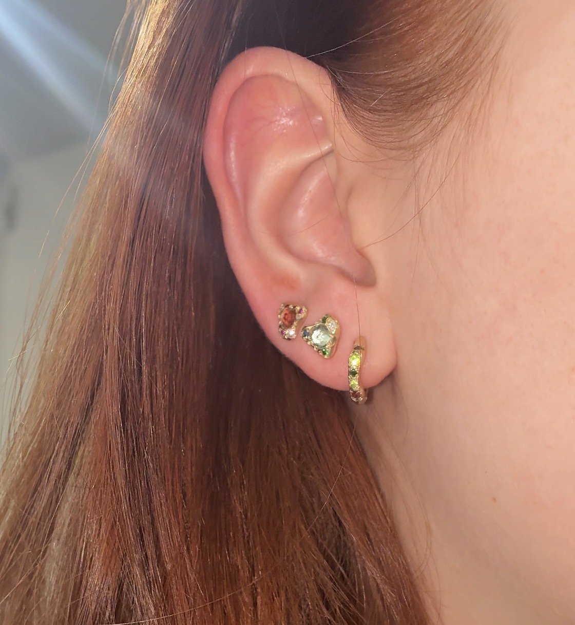 Venus Clicker hoops - gold hoops with lab grown lumo garnet, green diamonds and pink tourmaline