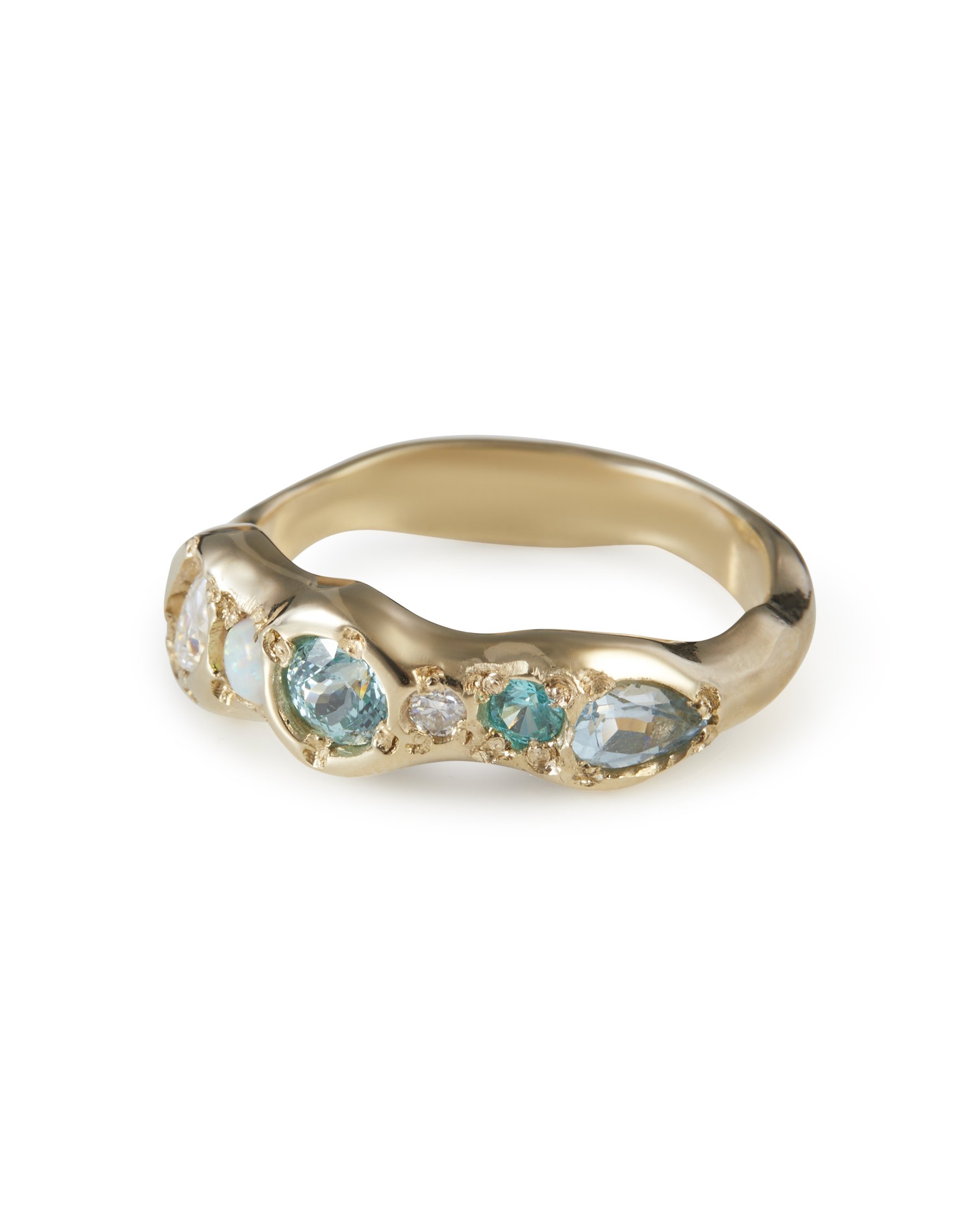 Side Profile of Blue Sky Pointer Band Handmade with 9ct Gold Lab Grown Paraiba Garnet YAG, Lab Grown Moissanite, Synthetic Opal, Sky Blue Topaz gemstones