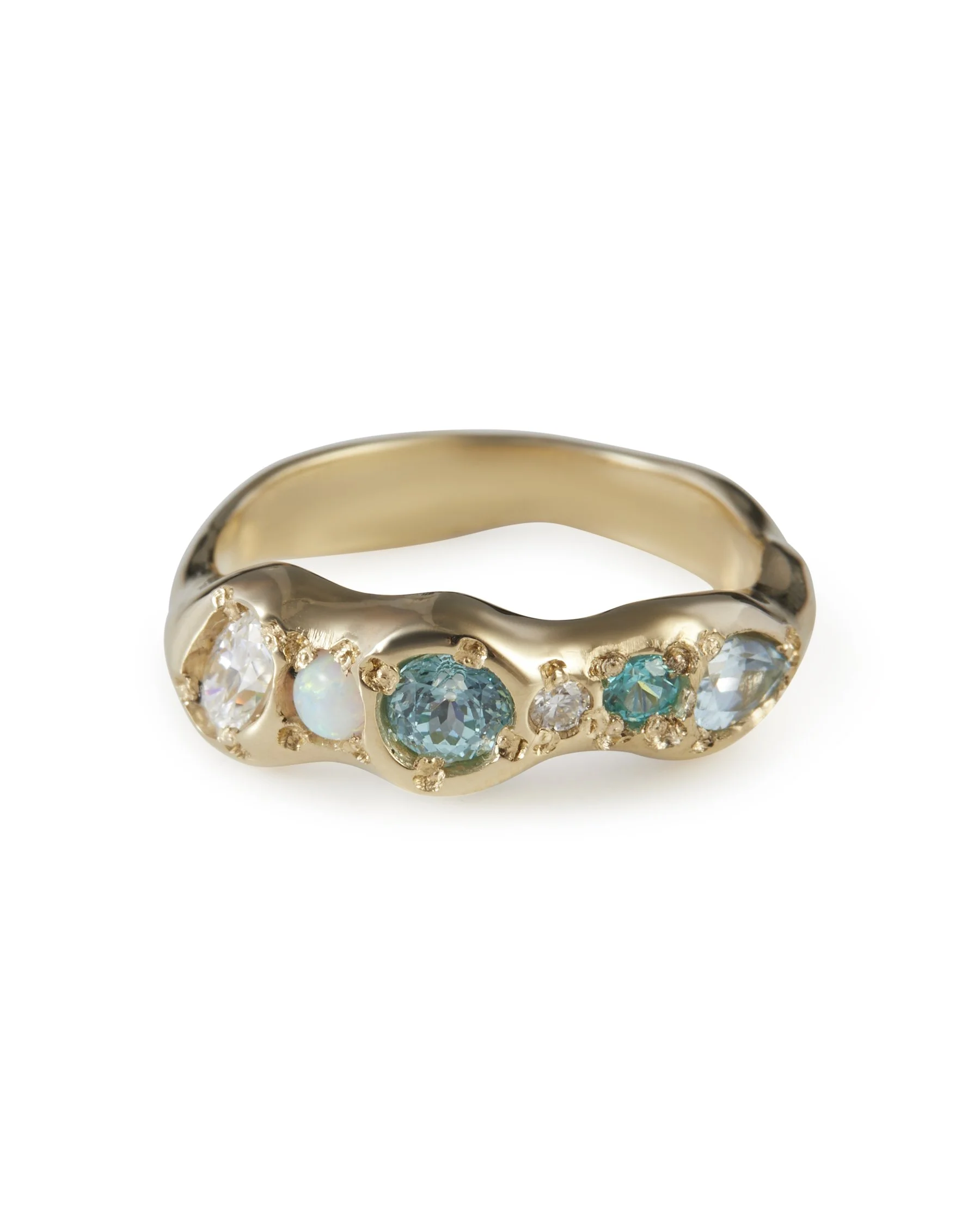Blue Sky Pointer Band Handmade with 9ct Gold Lab Grown Paraiba Garnet YAG, Lab Grown Moissanite, Synthetic Opal, Sky Blue Topaz gemstones