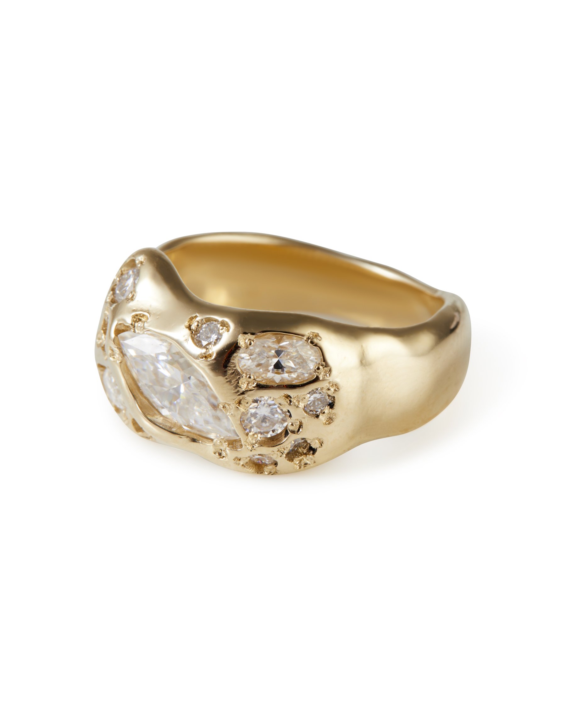 A molten statement ring with lab grown moissanite - side view