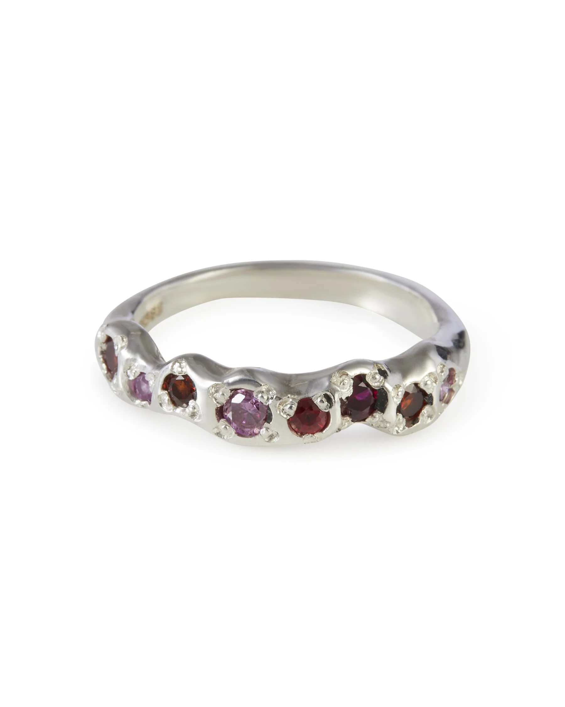Red Wine Mini Band 2.0 in sterling silver with red sapphire, pink diamond, pink sapphire and garnet gemstones.