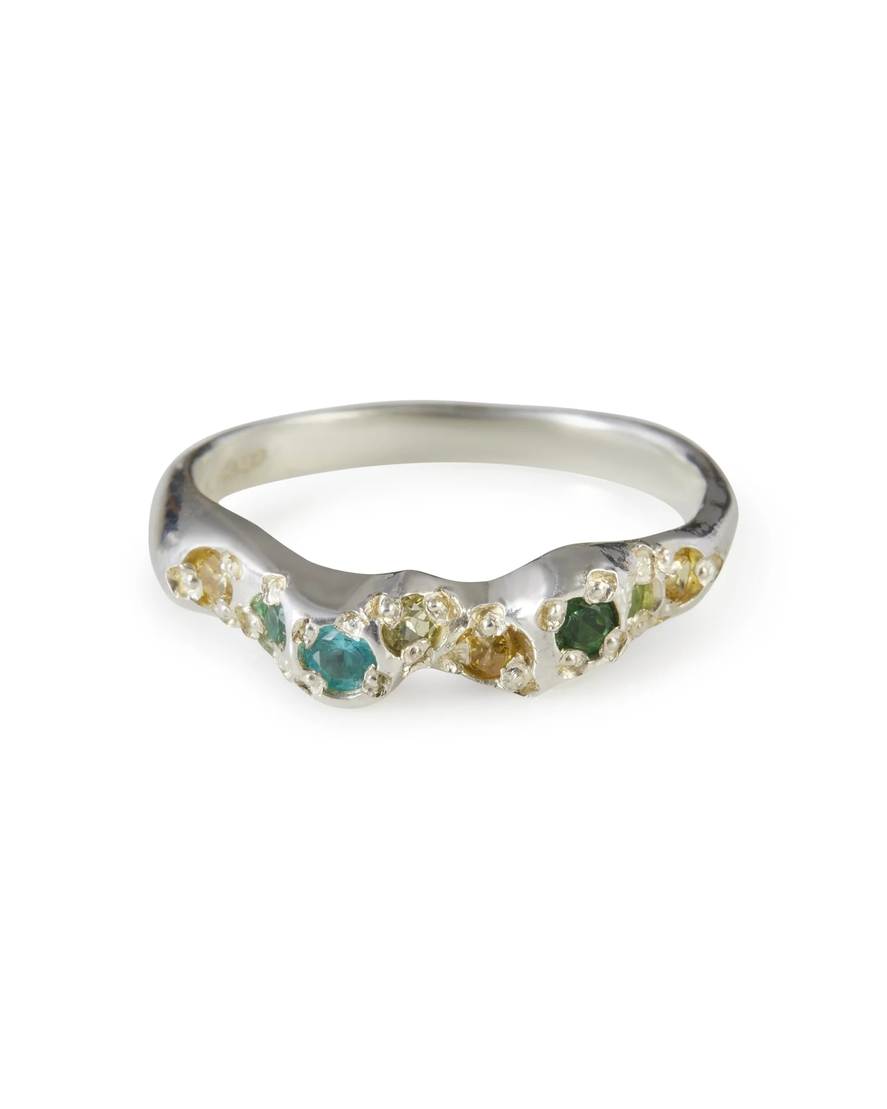 Miami Mini Band in sterling silver with emerald, peridot, tsavorite garnet, yellow sapphire and paraiba YAG gemstones.
