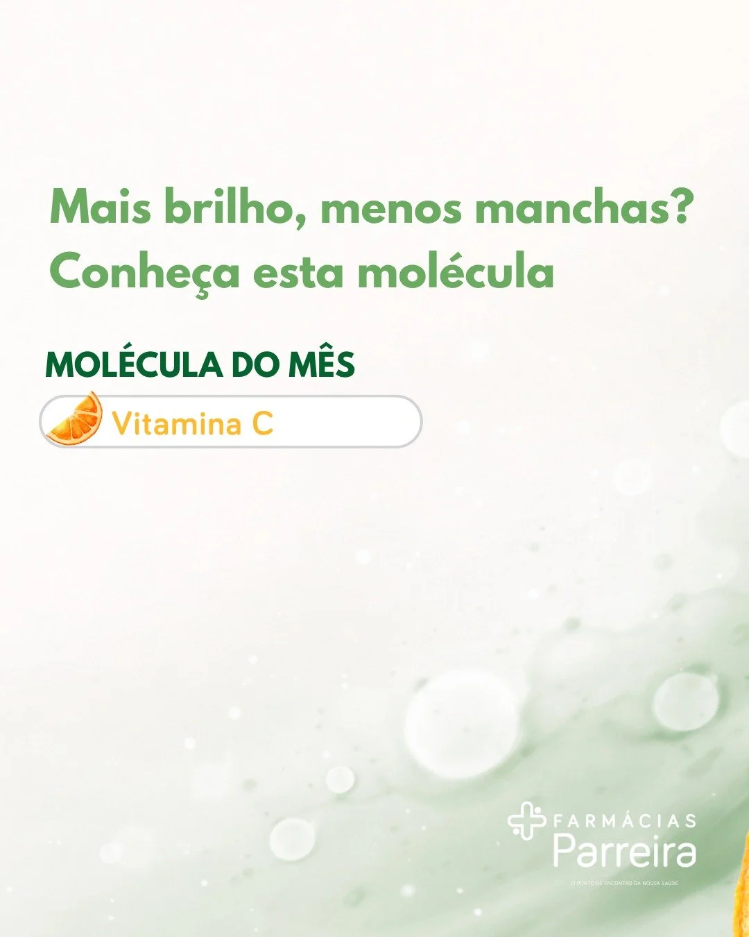✨ MOL&Eacute;CULA DO M&Ecirc;S ✨

A Vitamina C &eacute; um dos ingredientes mais procurados no cuidado de pele &mdash; e n&atilde;o &eacute; por acaso 🍊

Conhecida pela sua a&ccedil;&atilde;o antioxidante, ajuda a devolver luminosidade, uniformizar 