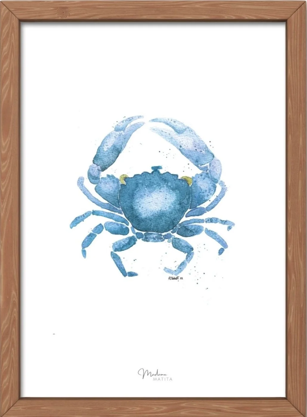 A5 watercolor crab print on FSC paper. Elegant, blue sea life art for gift or home decor.